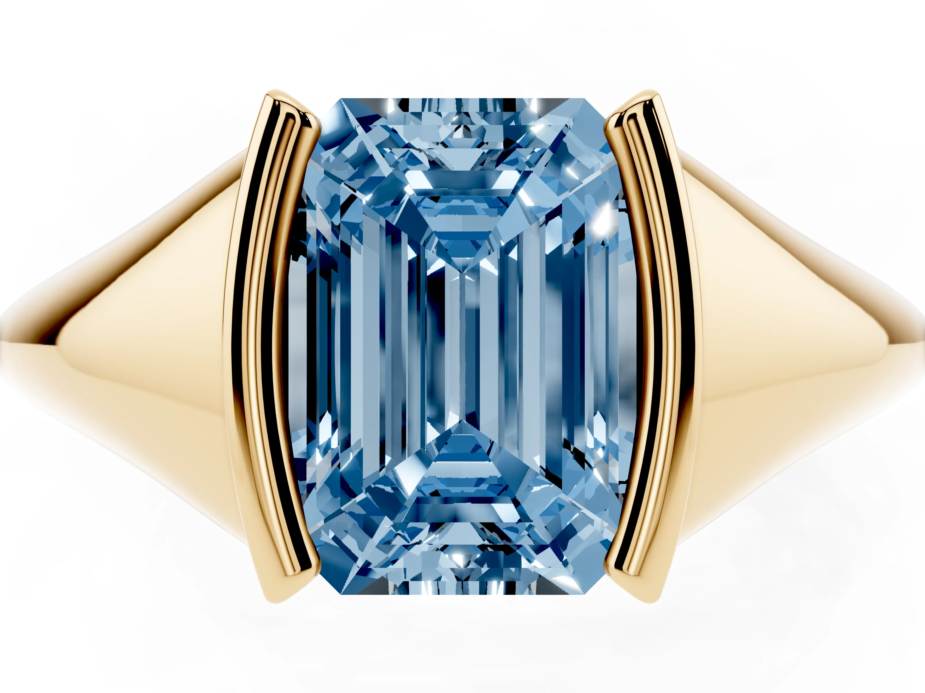Fancy Blue Emerald Cut Diamond Solitaire Tension Set Ring Set in Yellow gold
