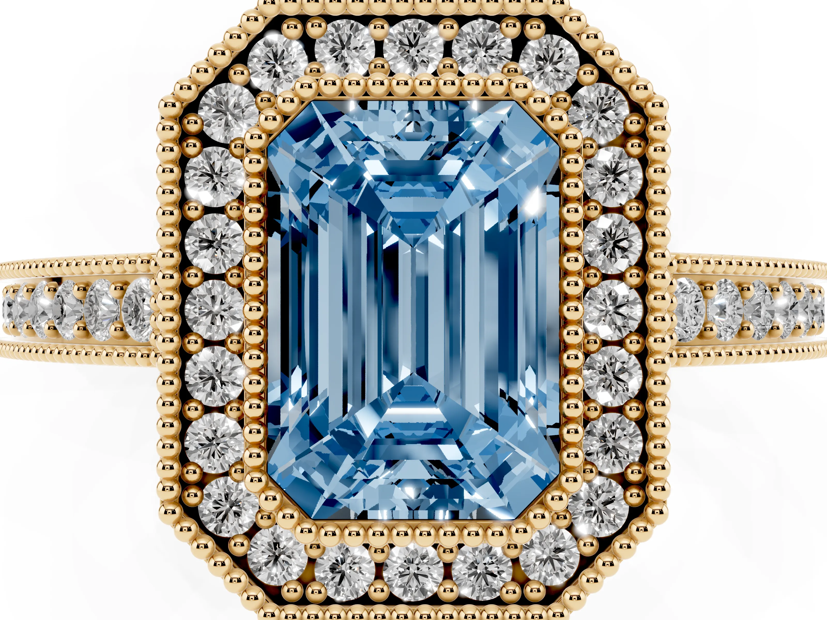 Fancy Blue Emerald Cut Diamond Round Halo Ring Set in Yellow gold with Pavé Band