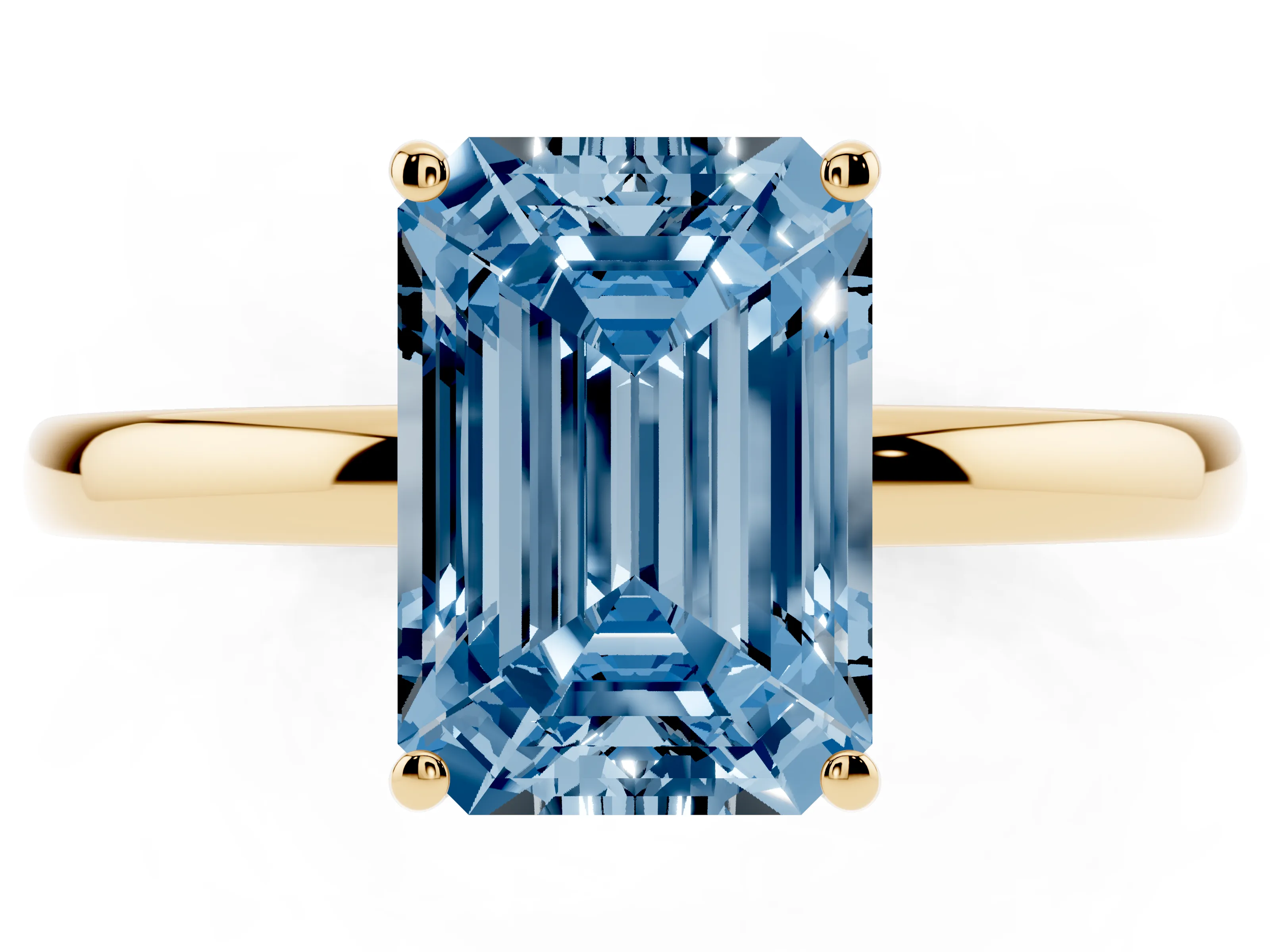 Fancy Blue Emerald Cut Diamond Solitaire Ring Set in Yellow gold with Plain Band and Prong Setting