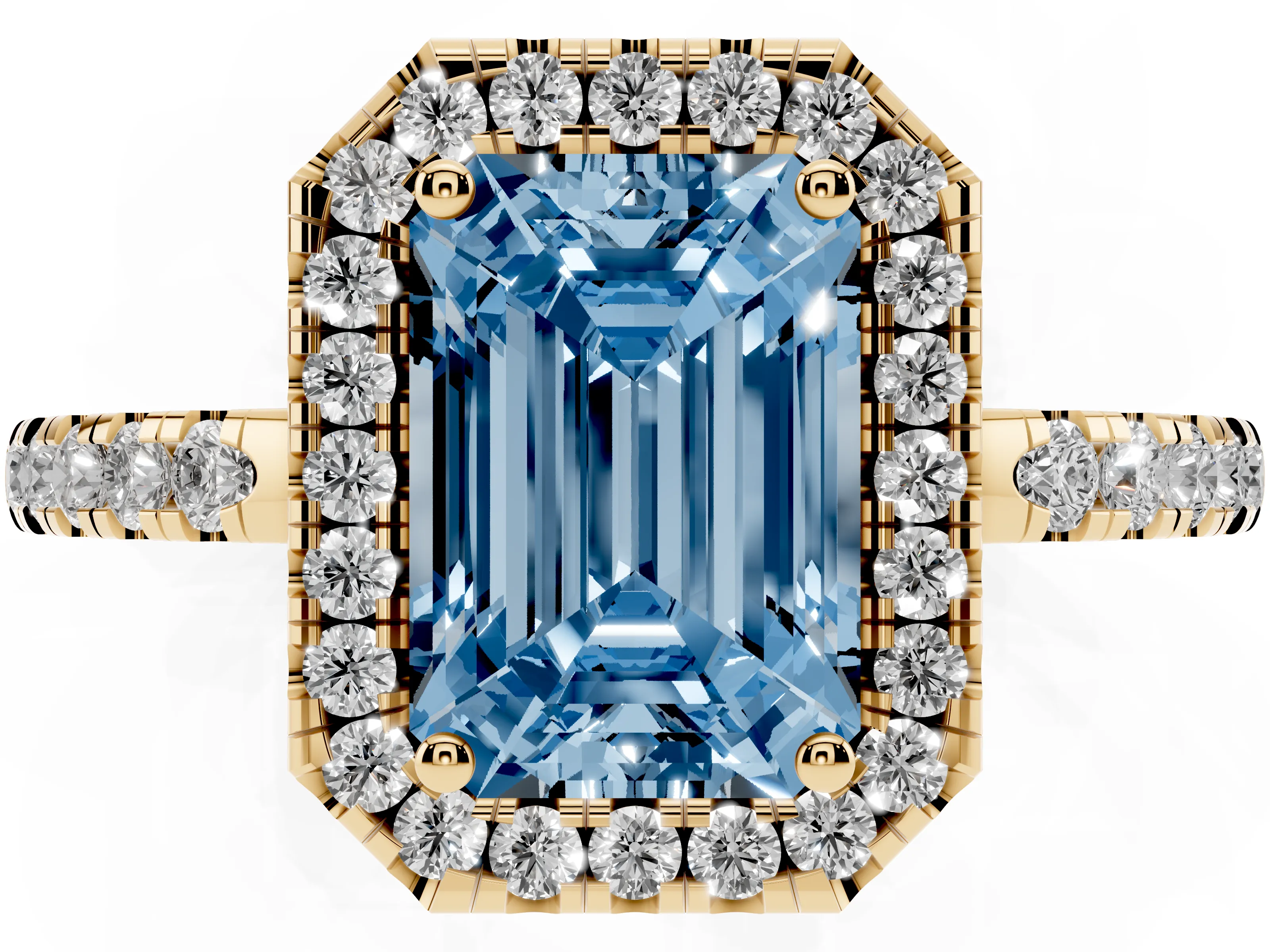 Fancy Blue Emerald Cut Diamond Pavé Band Halo Engagement Ring Set in Yellow gold with Prong Setting