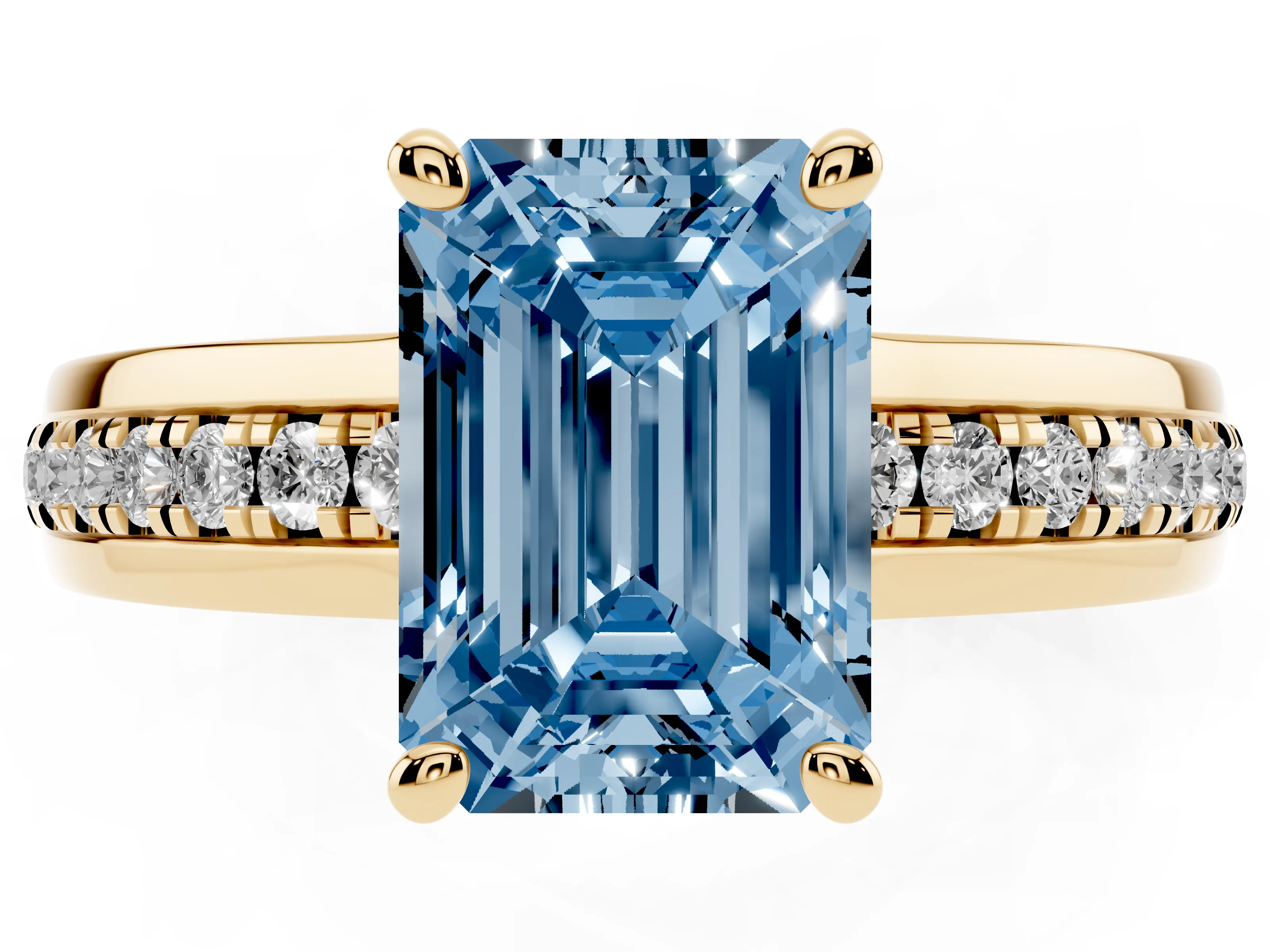 Fancy Blue Emerald Cut Diamond Solitaire Ring Set in Yellow gold with Channel Set Band and Prong Setting