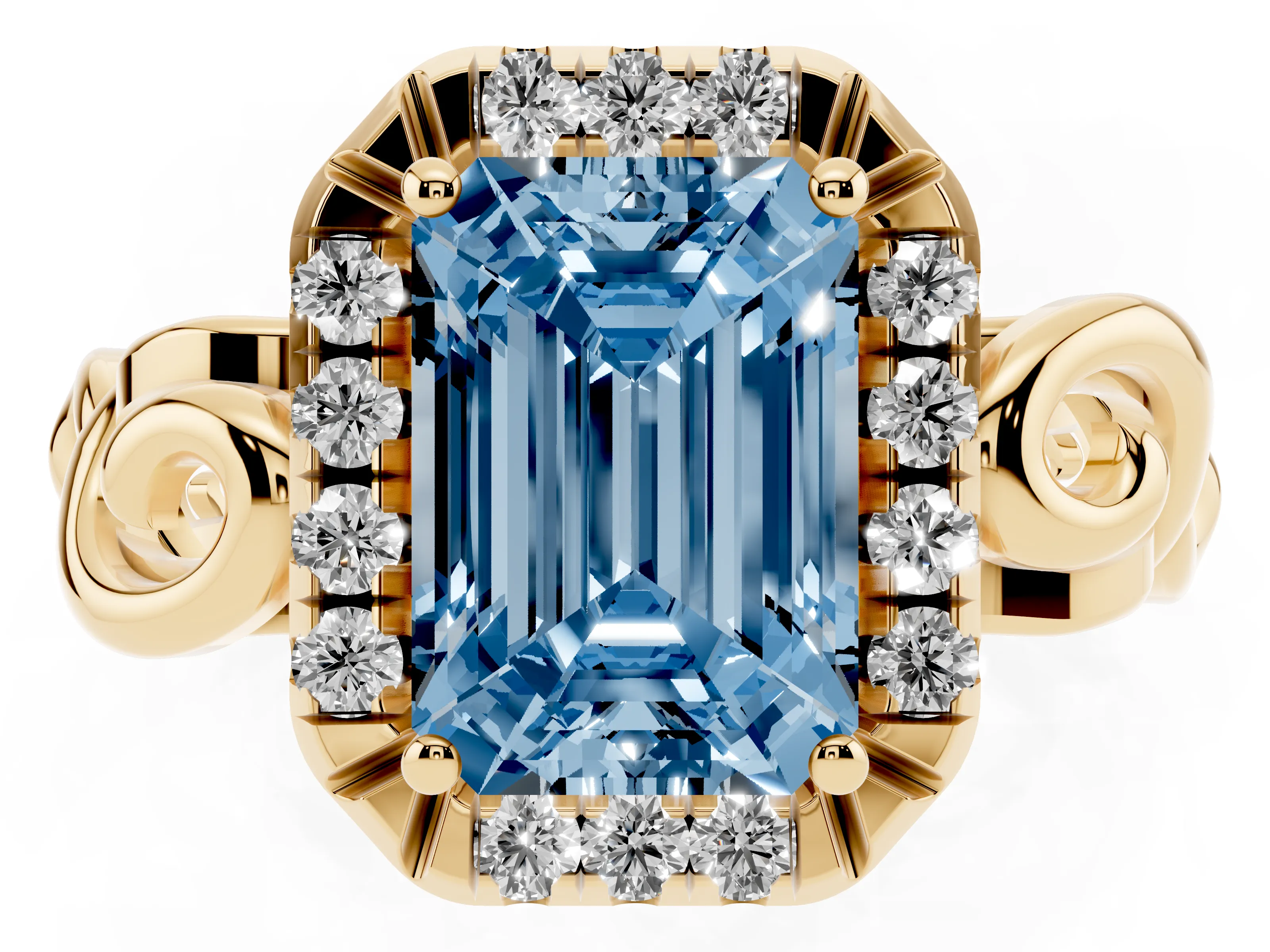Fancy Blue Emerald Cut Diamond Halo Ring Set in Yellow gold with Scrollwork Band and Prong Setting