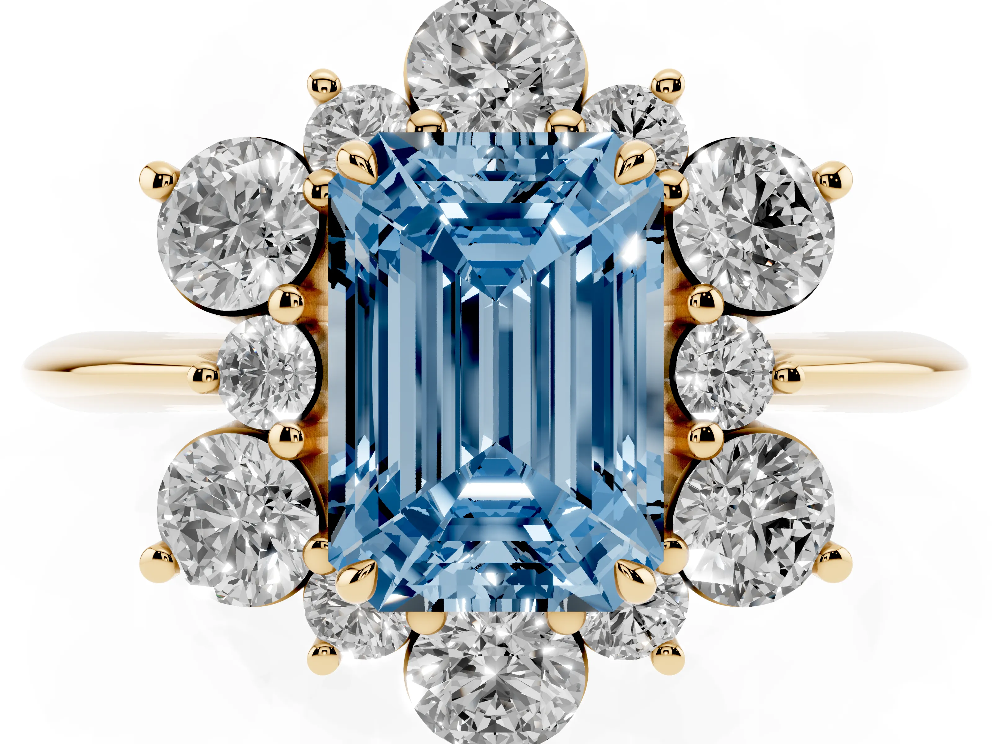 Fancy Blue Emerald Cut Diamond Cluster Halo Ring Set in Yellow gold with Solitaire Band and Prong Setting