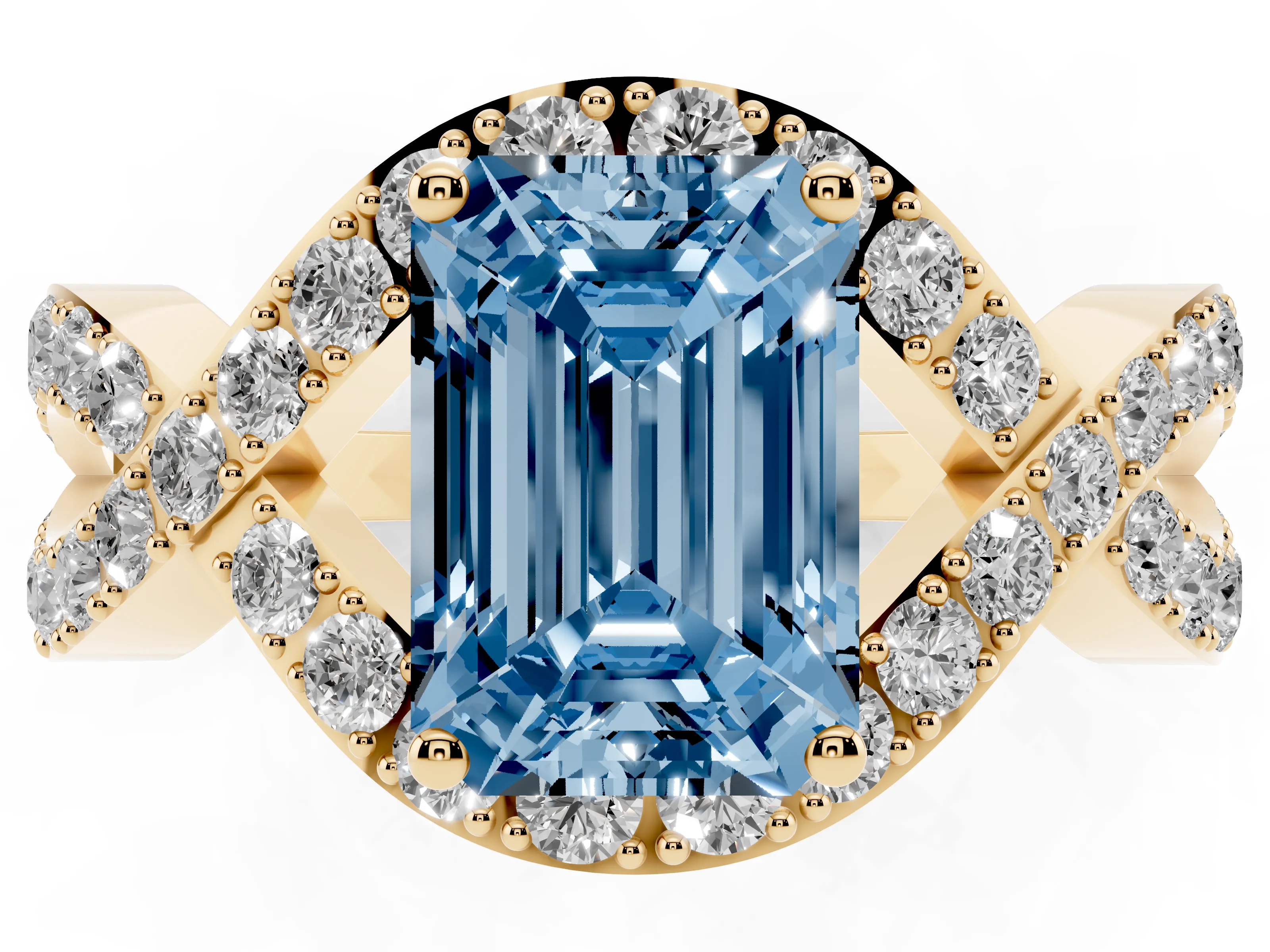 Fancy Blue Emerald Cut Diamond Solitaire Twist Band Pavé Engagement Ring Set in Yellow gold