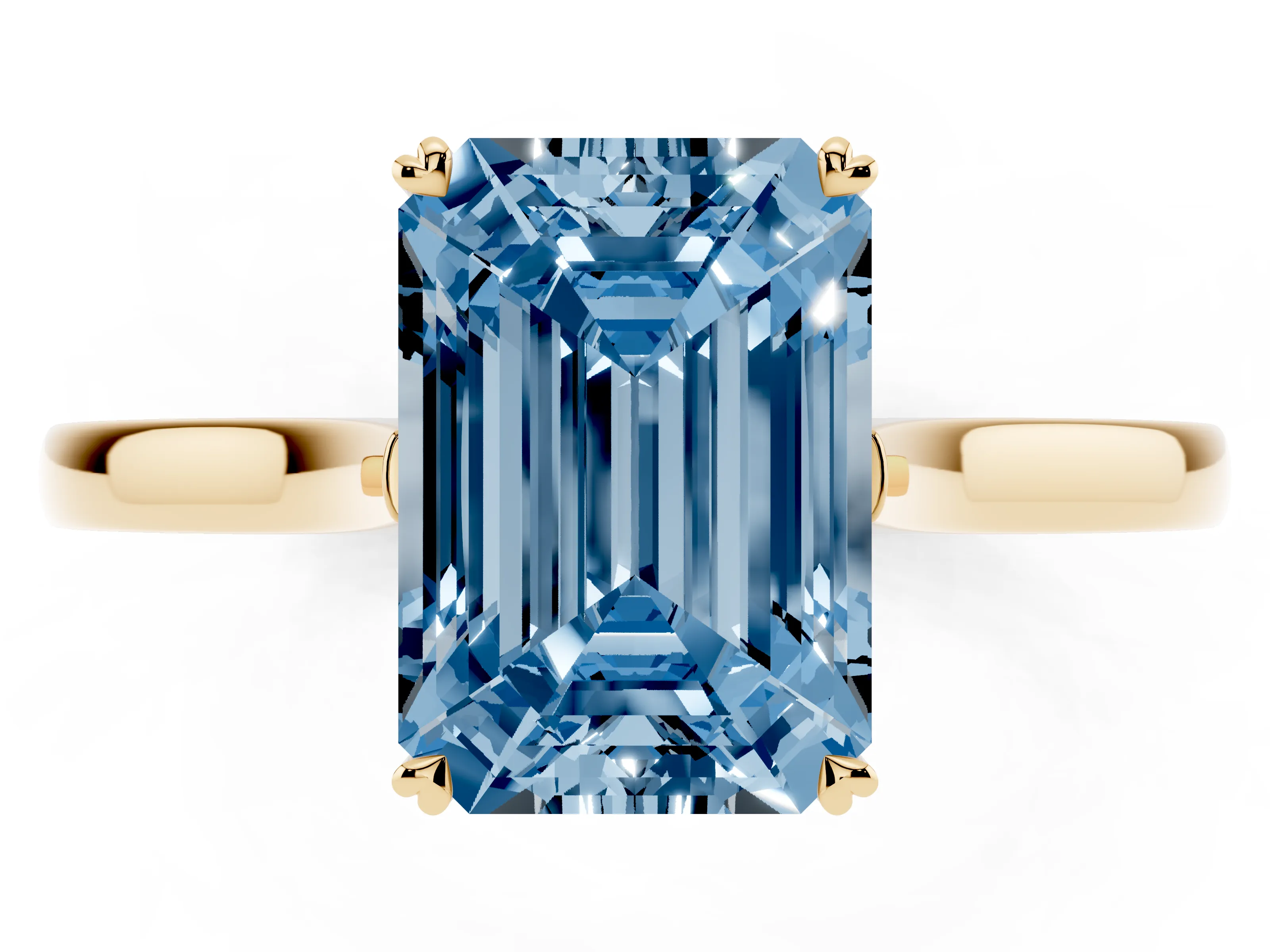 Fancy Blue Emerald Cut Diamond Solitaire Heart Prong Engagement Ring Set in Yellow gold with Tapered Band