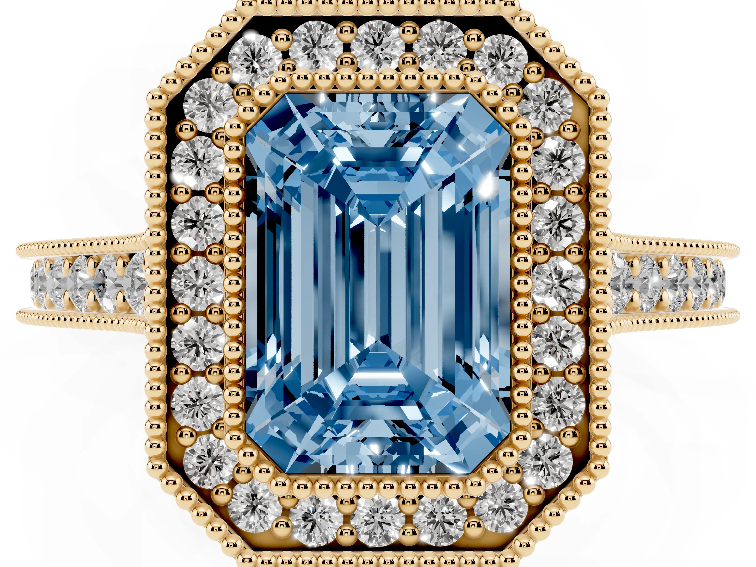 Fancy Blue Emerald Cut Diamond Halo Milgrain Pavé Band Ring Set in Yellow gold with Prong Setting