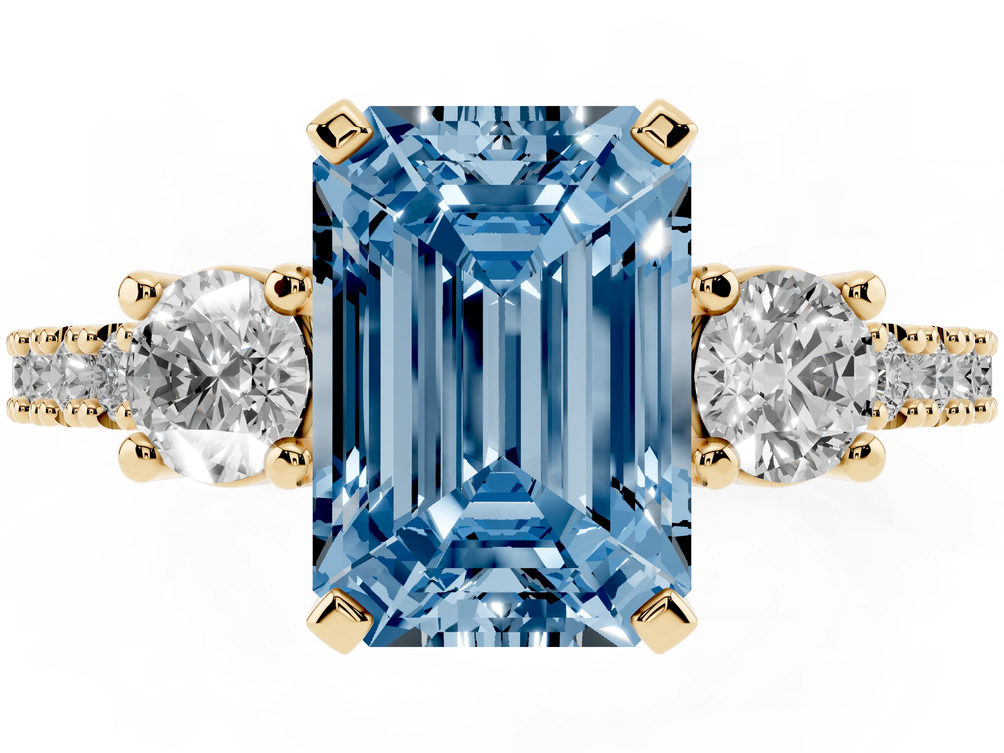 Fancy Blue Three-Stone Emerald Cut Diamond Pavé Band Ring Set in Yellow gold with Prong Setting