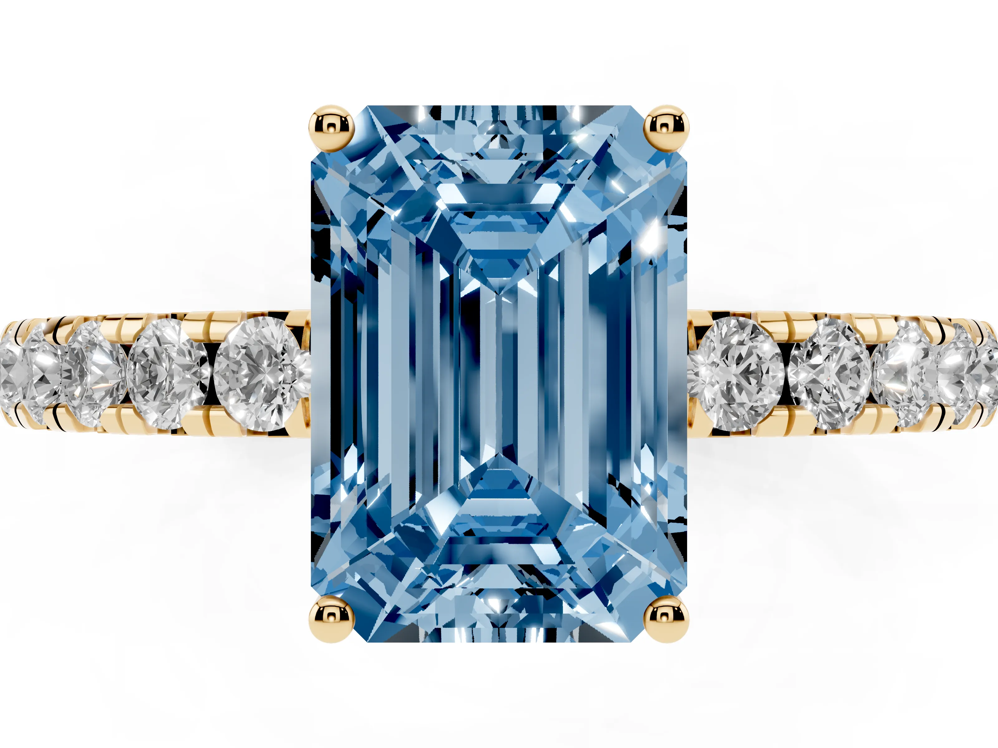 Fancy Blue Emerald Cut Diamond Pavé Solitaire Engagement Ring Set in Yellow gold with Prong Setting