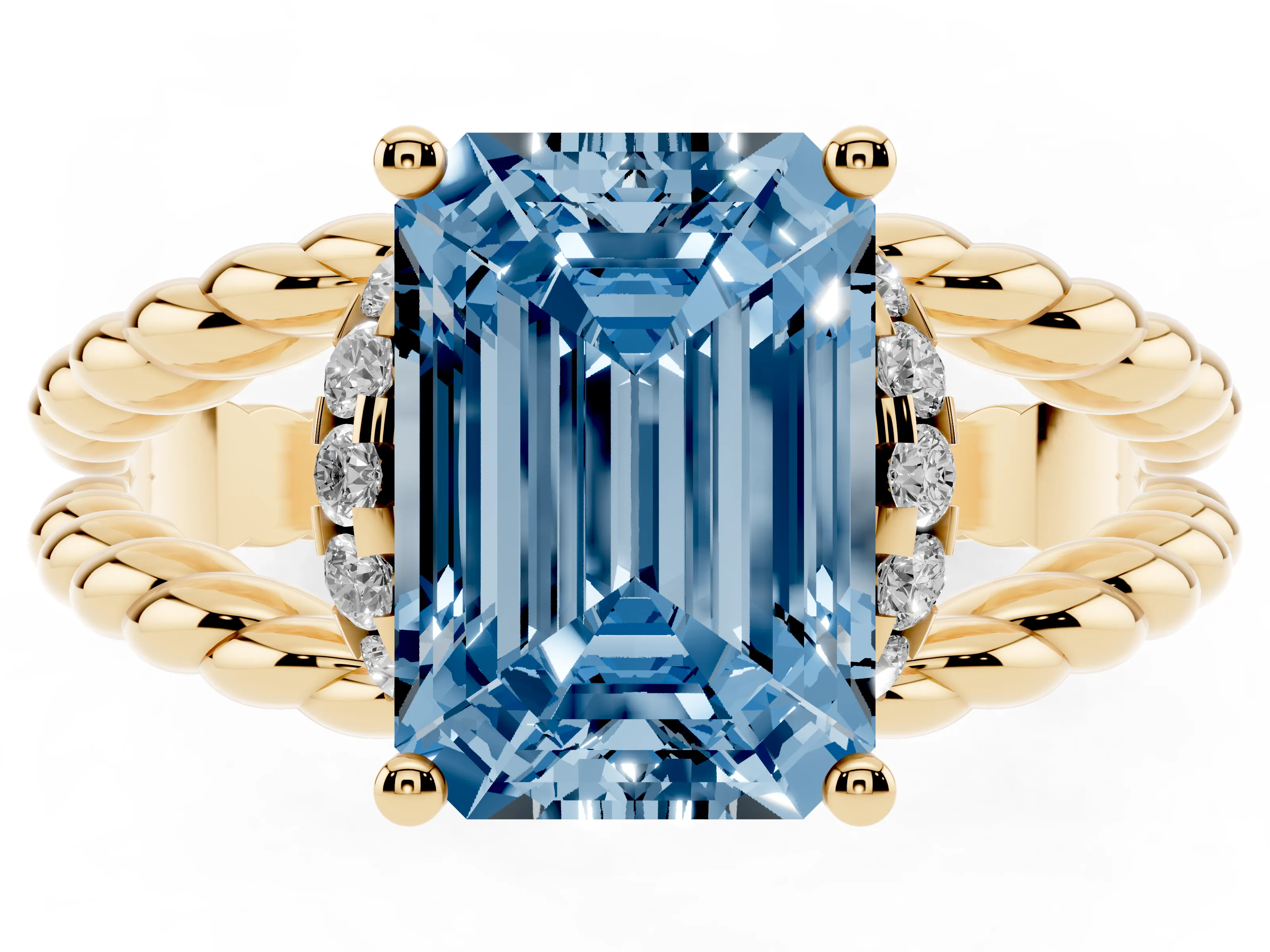 Fancy Blue Emerald Cut Diamond Halo Ring Set in Yellow gold with Twisted Band and Prong Setting