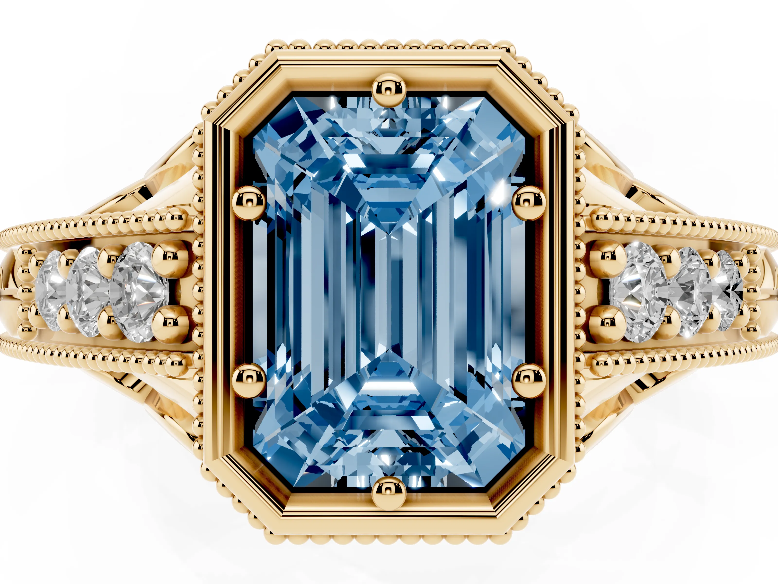 Fancy Blue Bezel Set Emerald Cut Diamond Milgrain Pavé Engagement Ring Set in Yellow gold