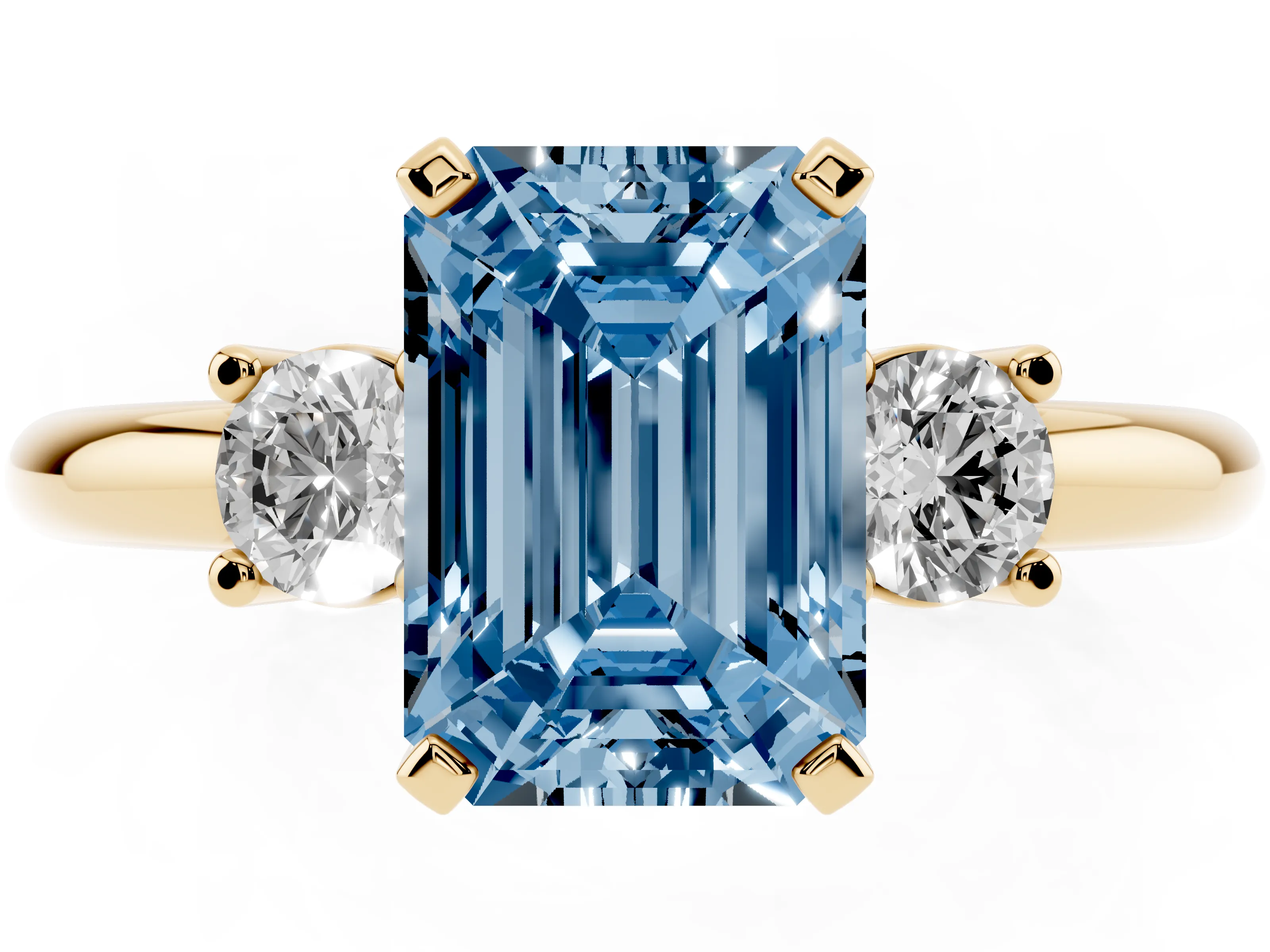 Fancy Blue Three-Stone Emerald Cut Diamond Ring Set in Yellow gold with Prong Setting and Plain Band