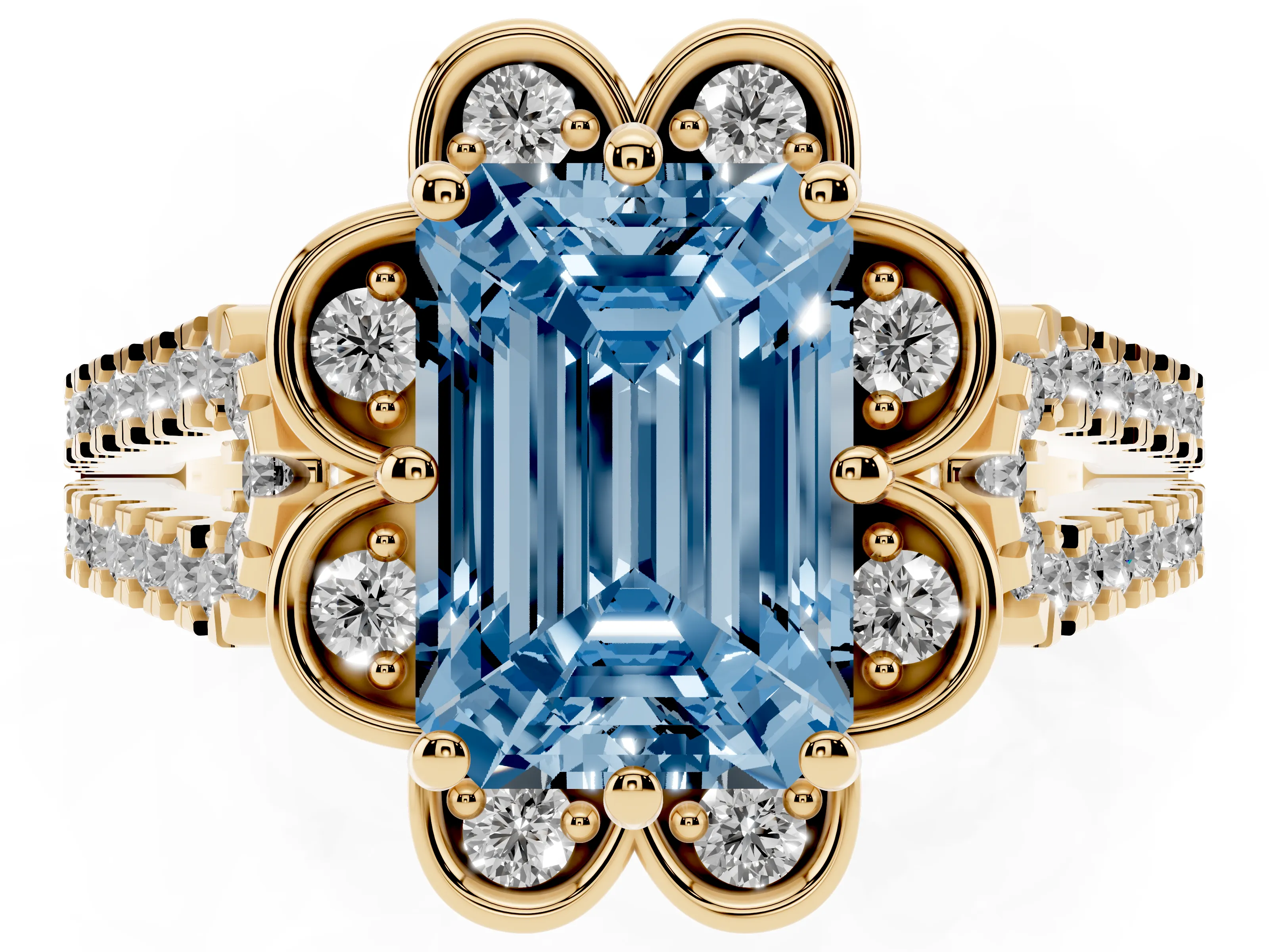 Fancy Blue Emerald Cut Diamond Floral Halo Split Shank Engagement Ring Set in Yellow gold with Pavé Shank