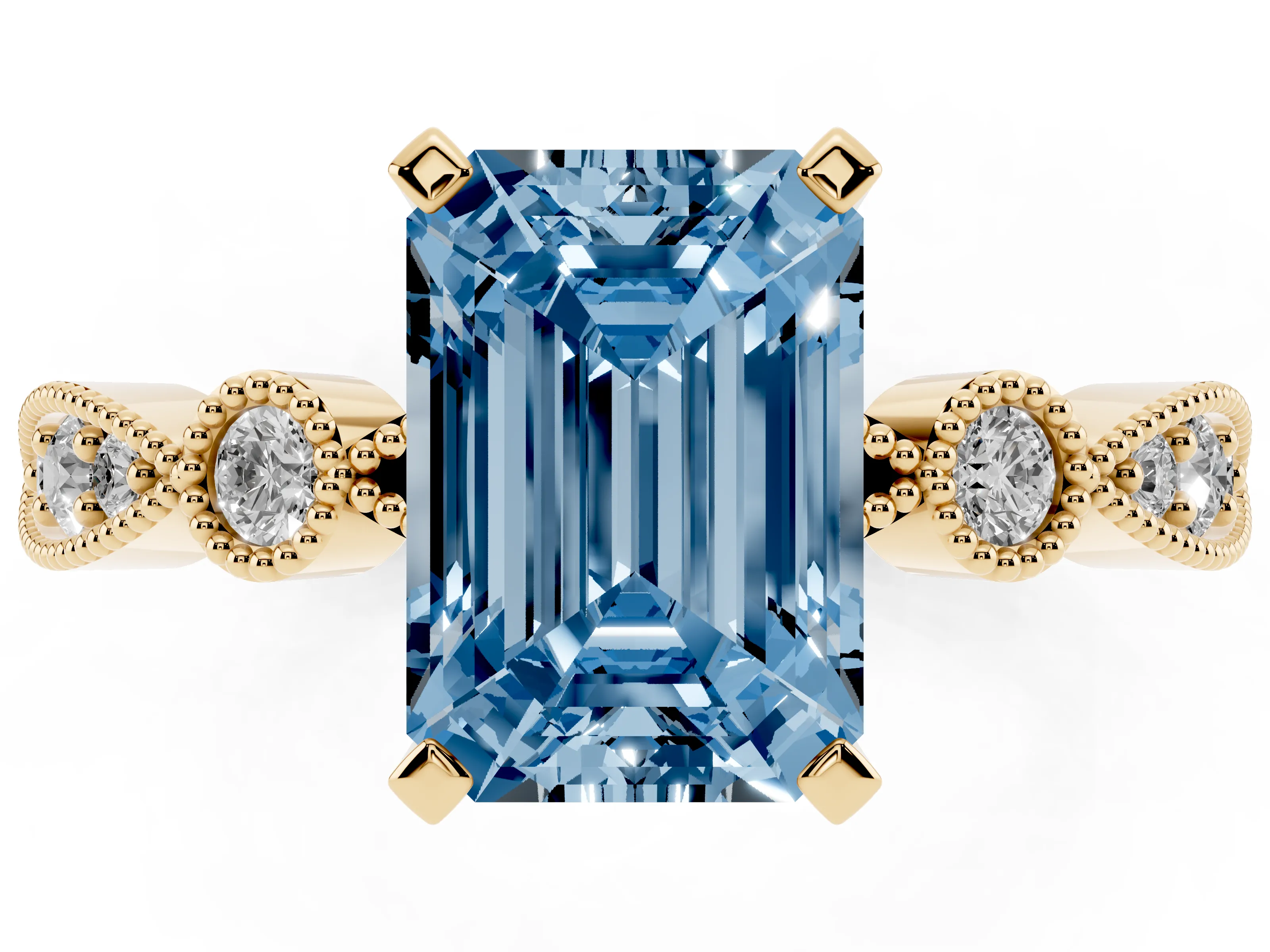 Fancy Blue Emerald Cut Diamond Solitaire Engagement Ring Set in Yellow gold with Milgrain Bezel Accent Band