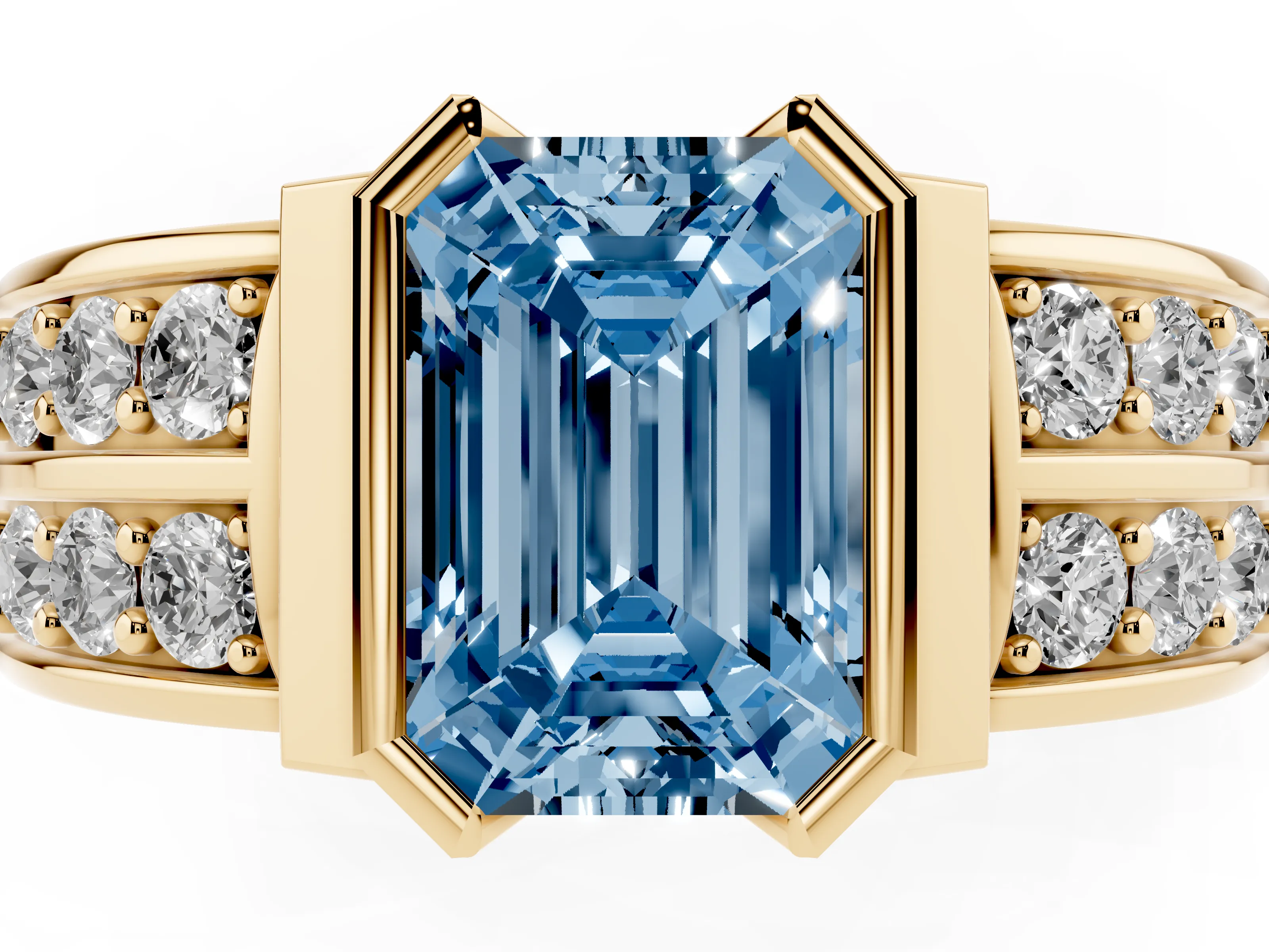 Fancy Blue Emerald Cut Diamond Wide Channel Set Band Ring Set in Yellow gold with Bezel Setting