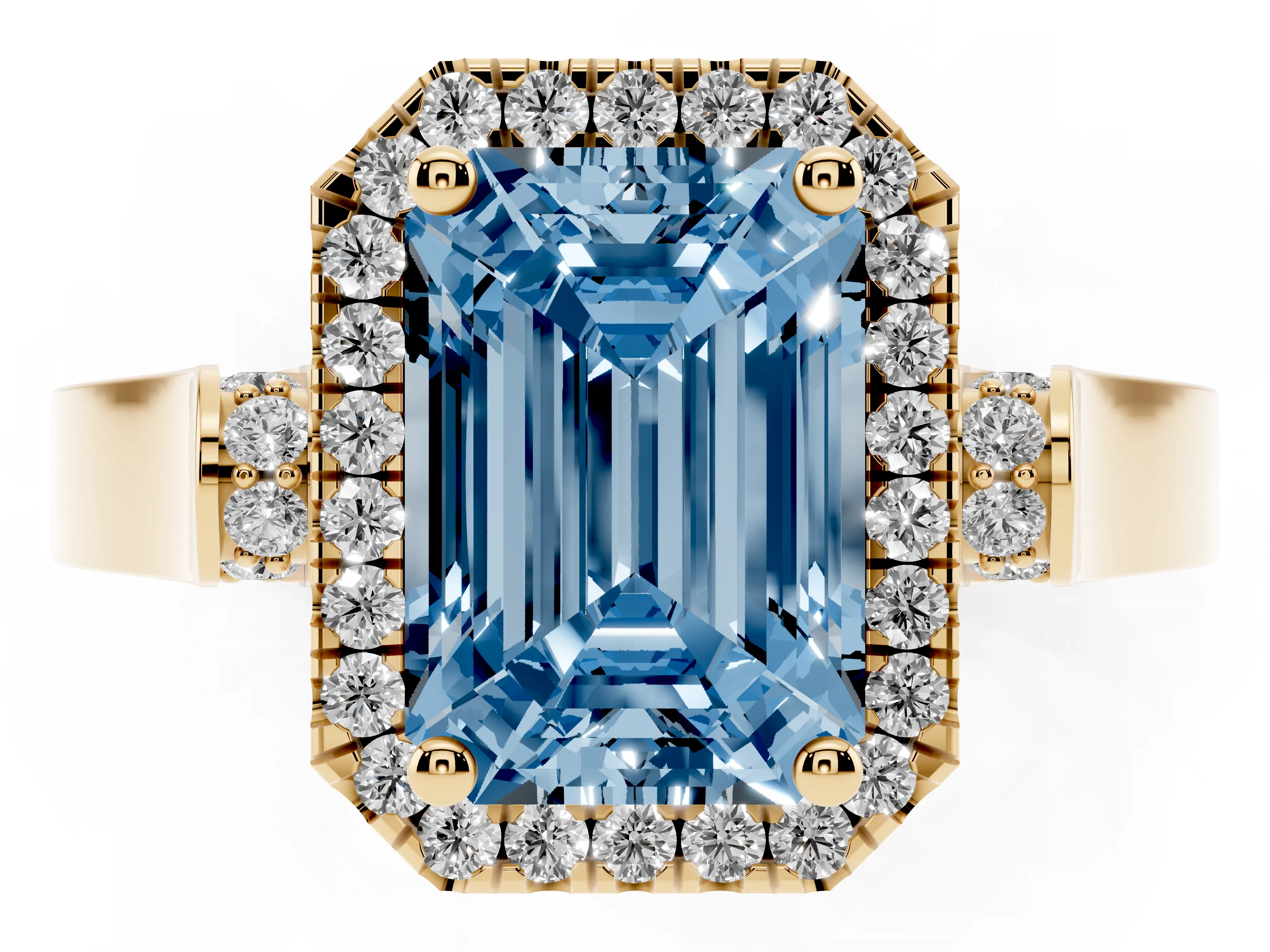 Fancy Blue Emerald Cut Diamond Halo Ring Set in Yellow gold with Pavé-Lined Split Shank Band