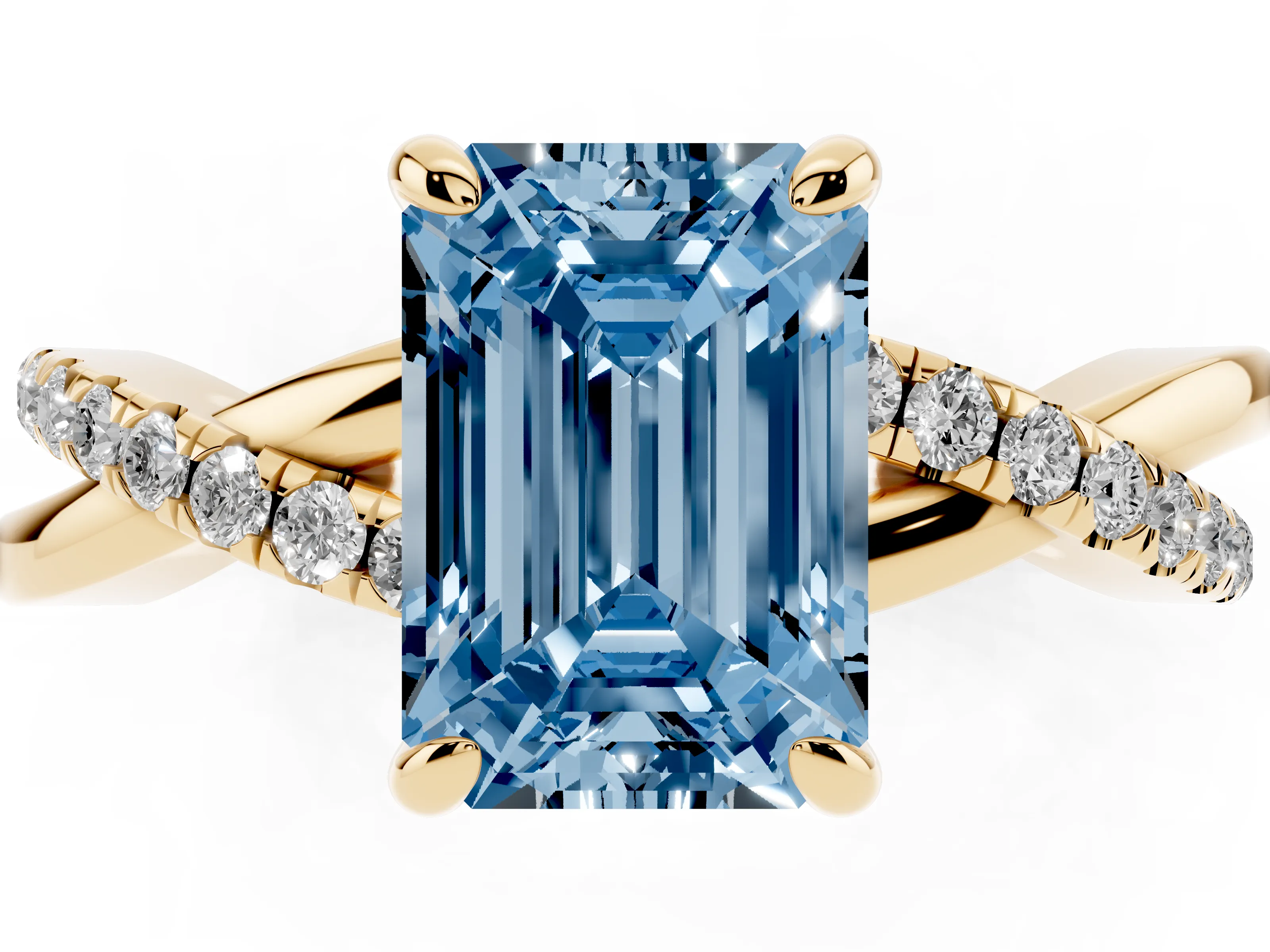 Fancy Blue Emerald Cut Diamond Twist Band Pavé Solitaire Ring Set in Yellow gold with Prong Setting