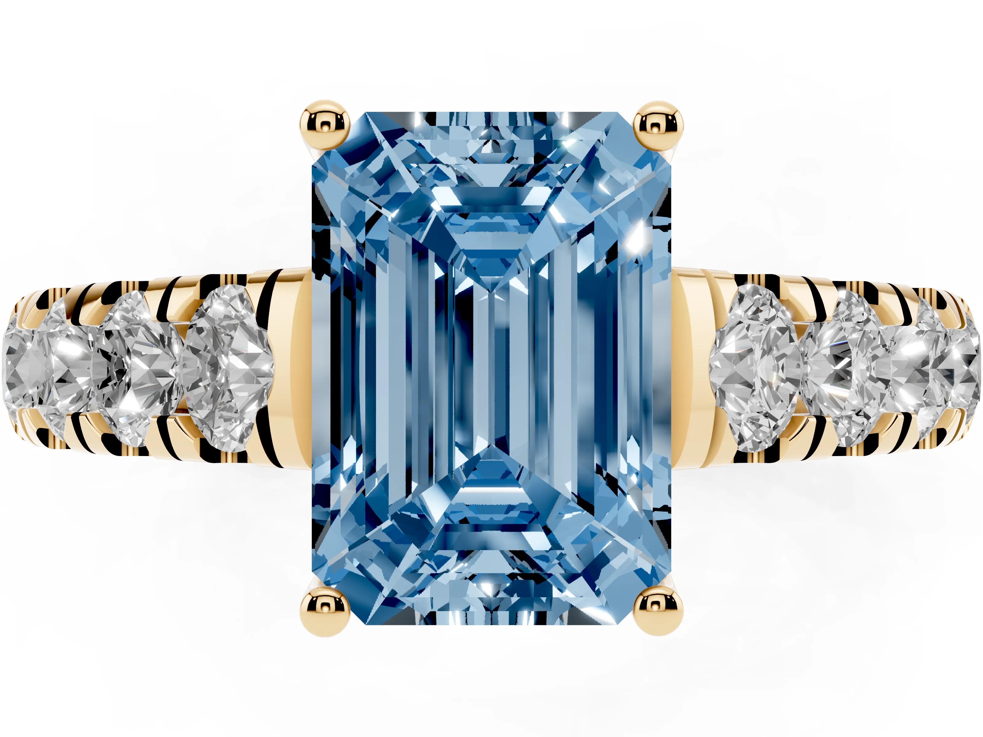 Fancy Blue Emerald Cut Diamond Solitaire Ring Set in Yellow gold with Cut-Down Micro Pavé Band and Prong Setting