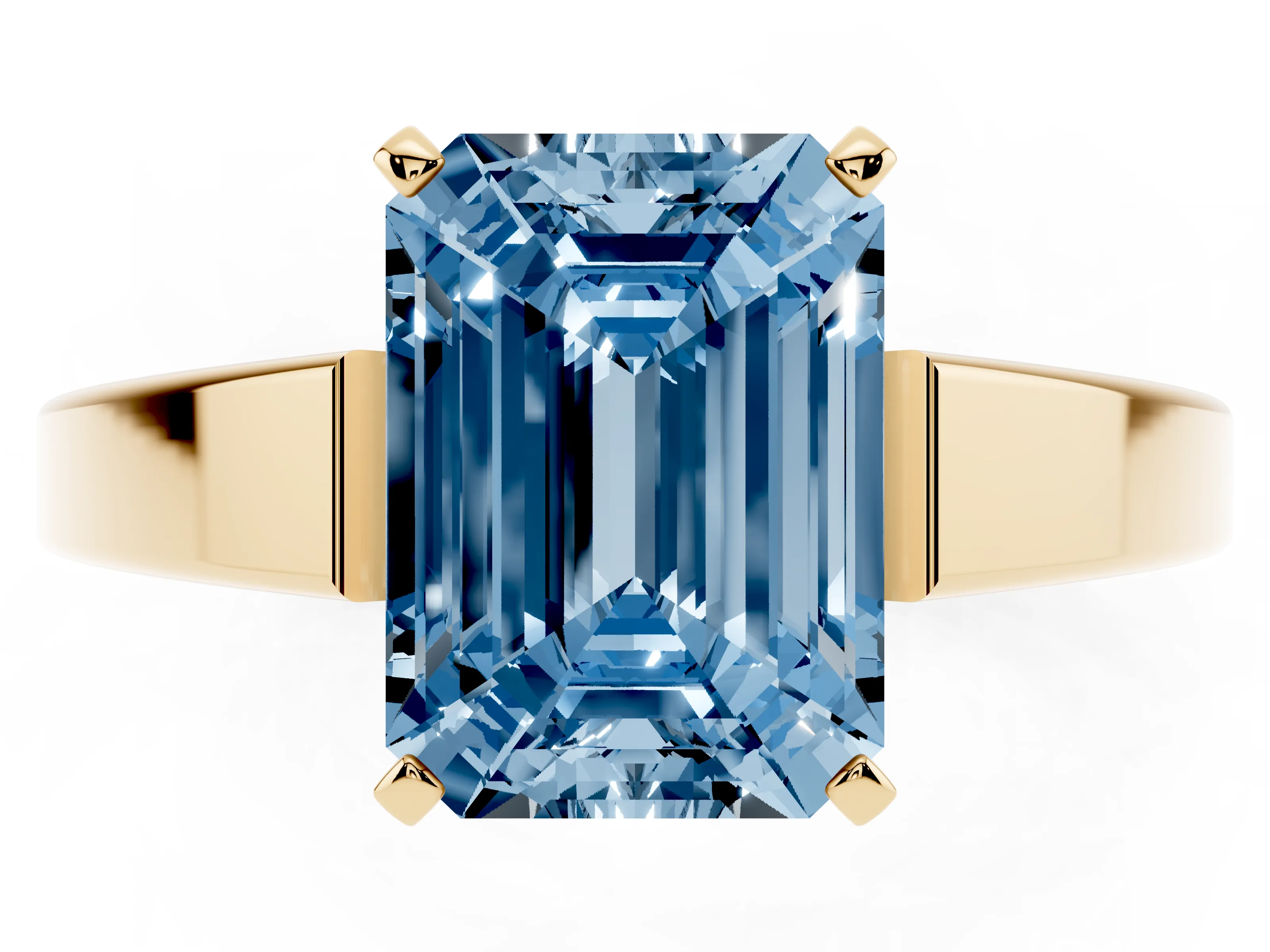 Fancy Blue Emerald Cut Diamond Solitaire Engagement Ring Set in Yellow gold with Prong Setting and Tapered Band