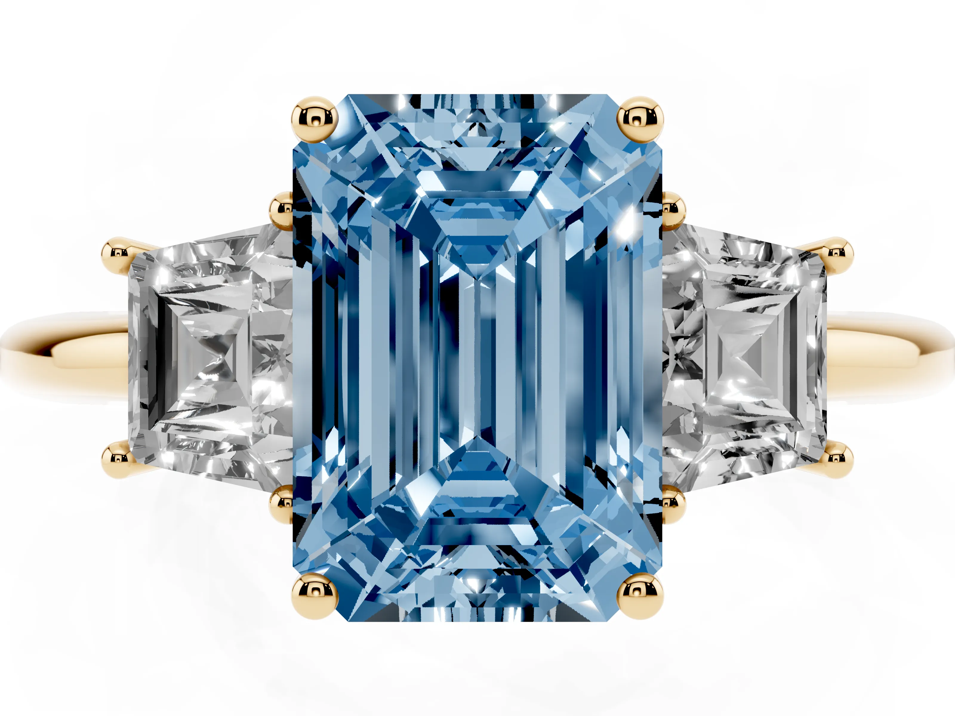 Fancy Blue Emerald Cut Diamond Three-Stone Ring Set in Yellow gold with Trapezoid Side Stones and Prong Setting