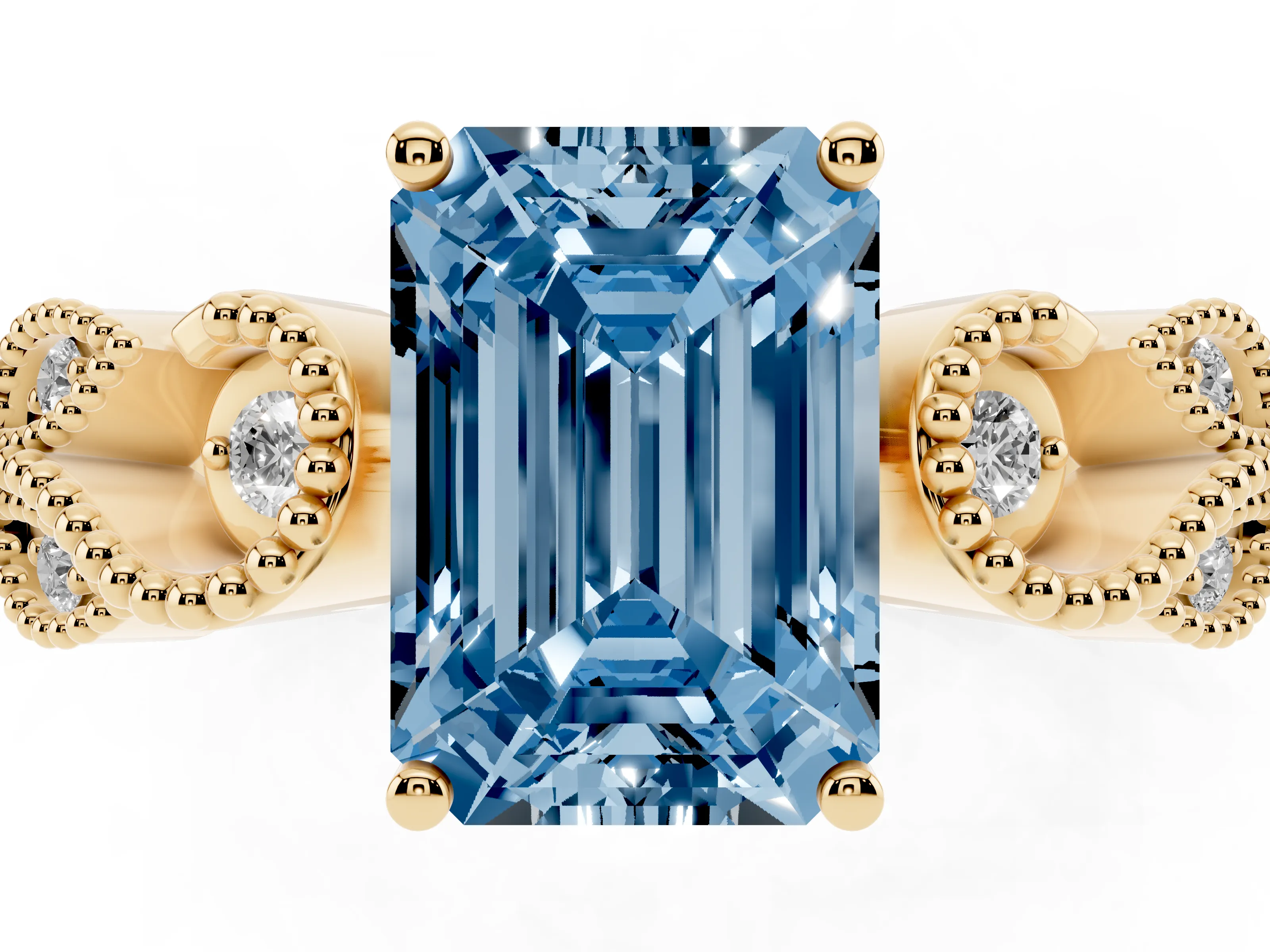 Fancy Blue Emerald Cut Diamond Milgrain Leaf Band Solitaire Ring Set in Yellow gold with Accent Stones and Prong Setting