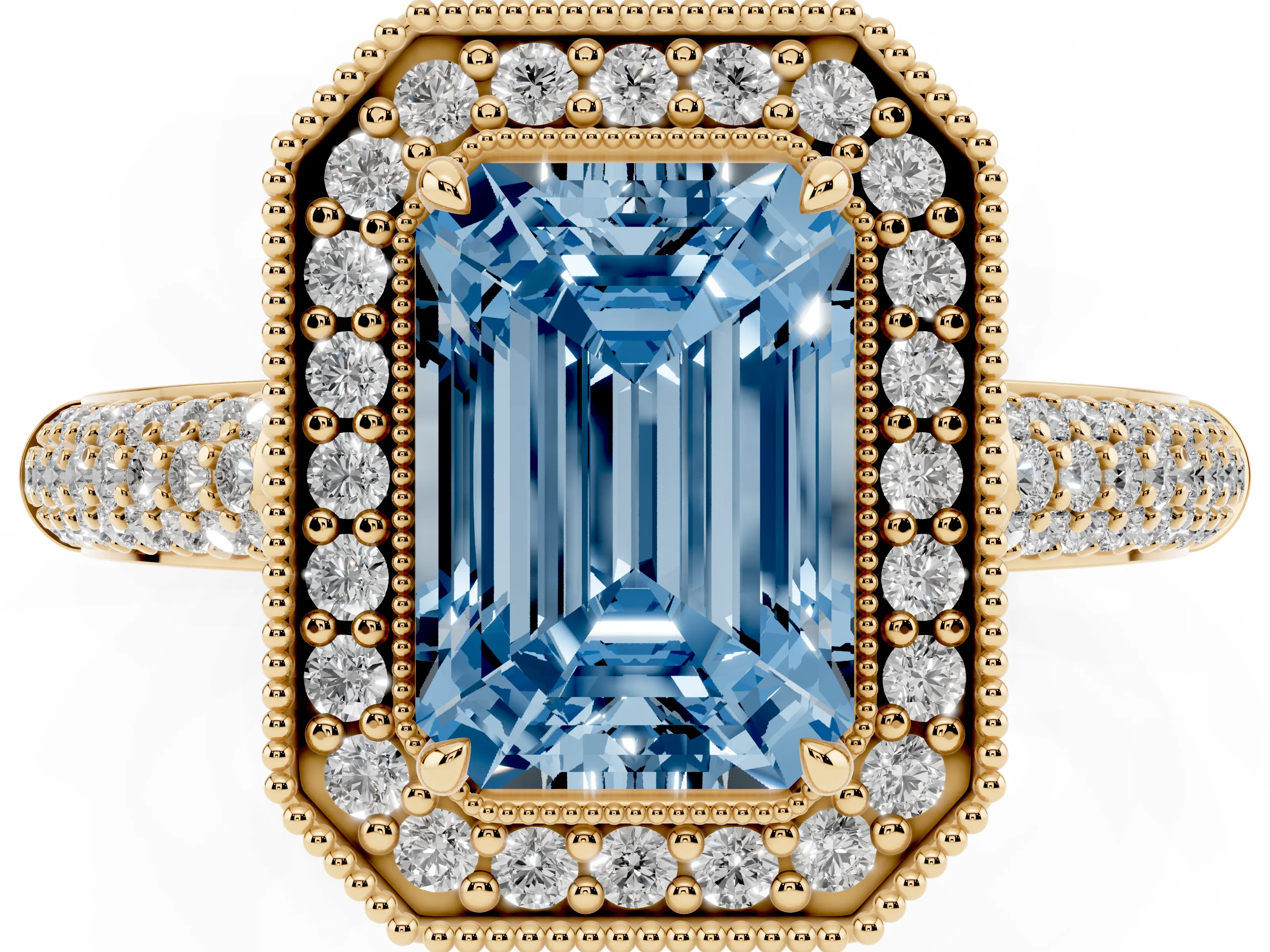Fancy Blue Emerald Cut Diamond Halo Pavé Band Set in Yellow gold with Prong Setting