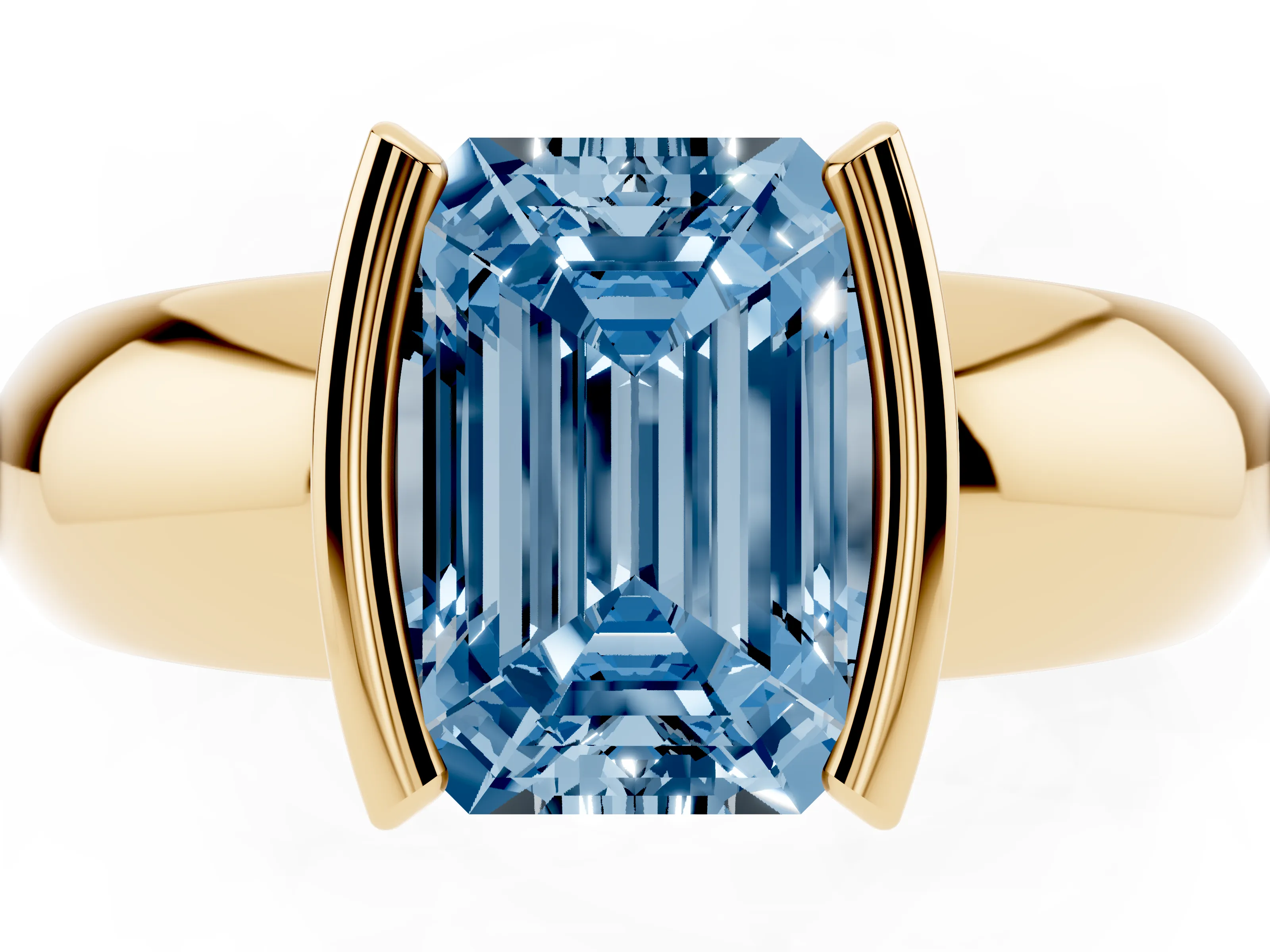 Fancy Blue Emerald Cut Diamond Solitaire Tension Set Ring Set in Yellow gold with Wide Band
