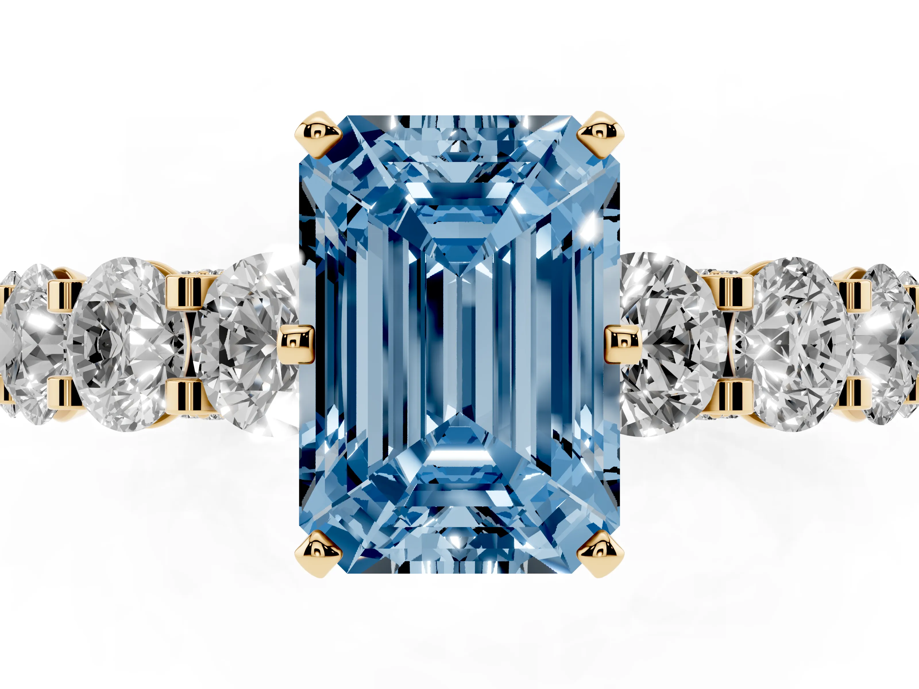 Fancy Blue Emerald Cut Diamond Side Stone Ring Set in Yellow gold with Alternating Round and Oval Side Stones