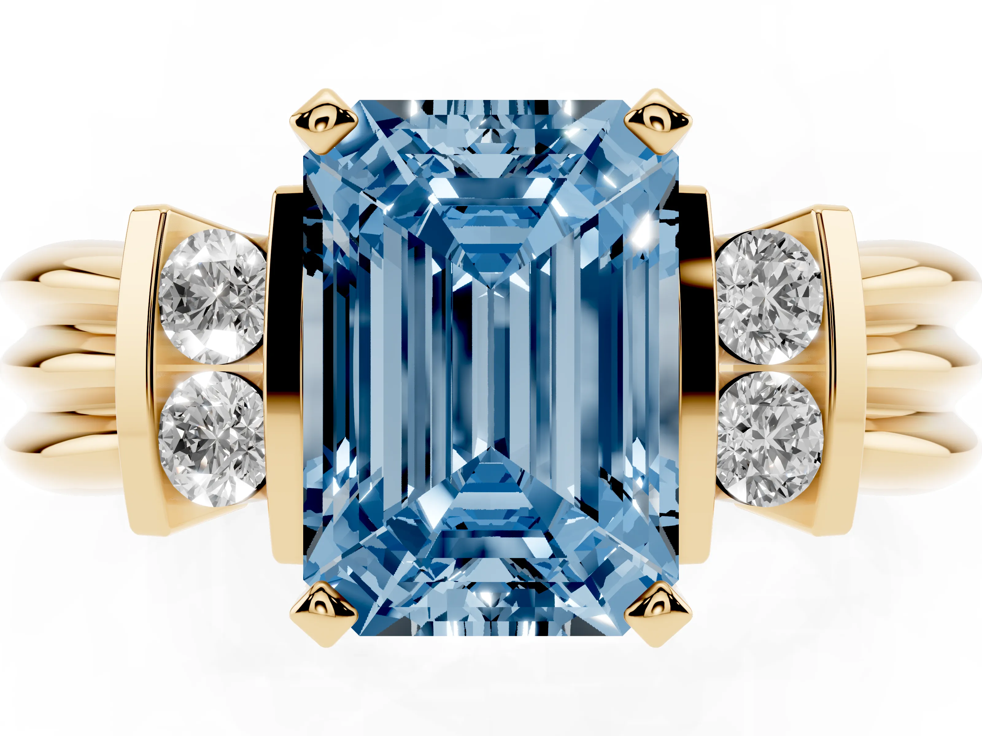 Fancy Blue Three-Stone Emerald Cut Diamond Channel Set Ring Set in Yellow gold with Bar Prongs