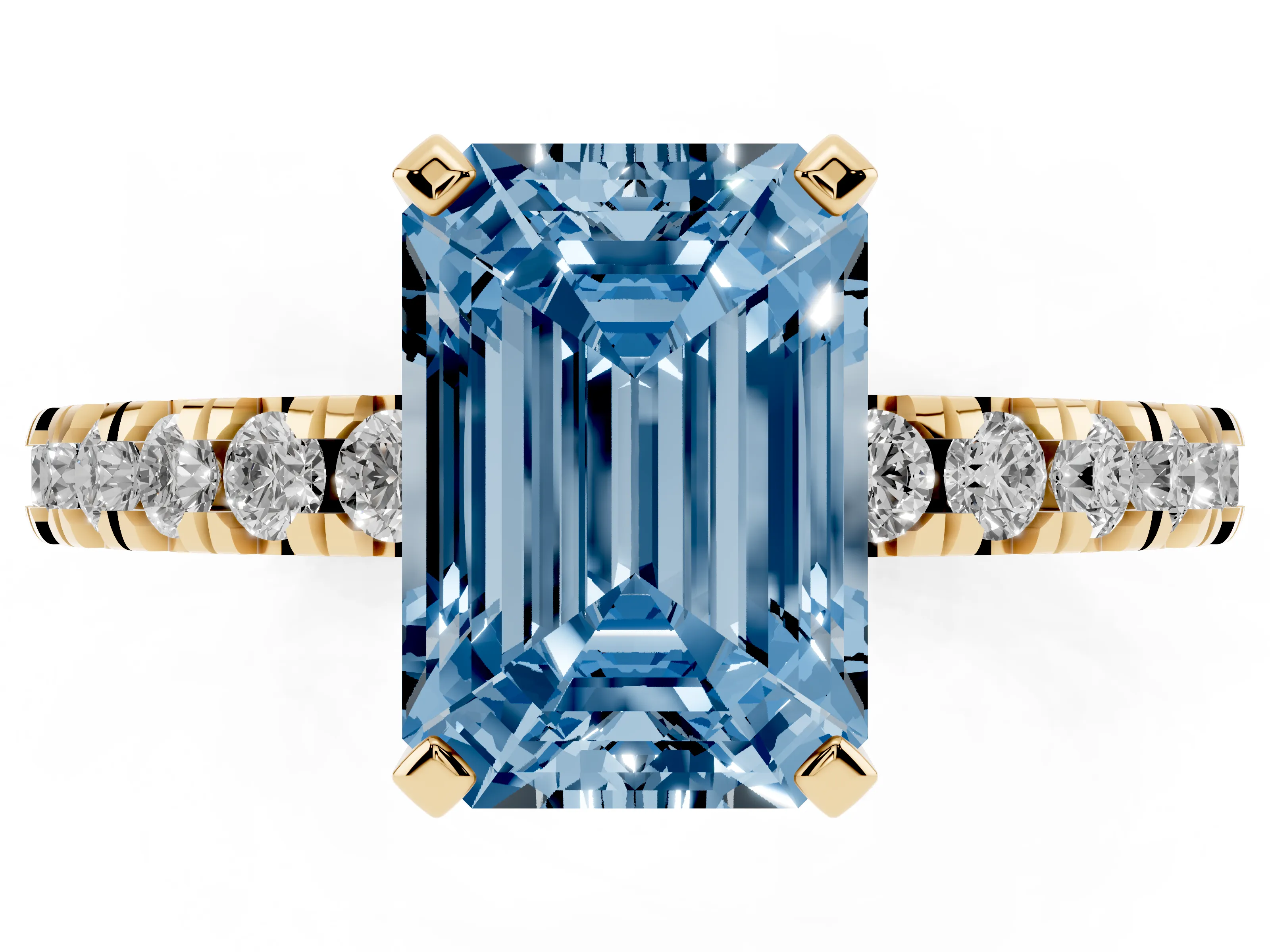 Fancy Blue Emerald Cut Diamond Pavé Band Solitaire Set in Yellow gold with Prong Setting