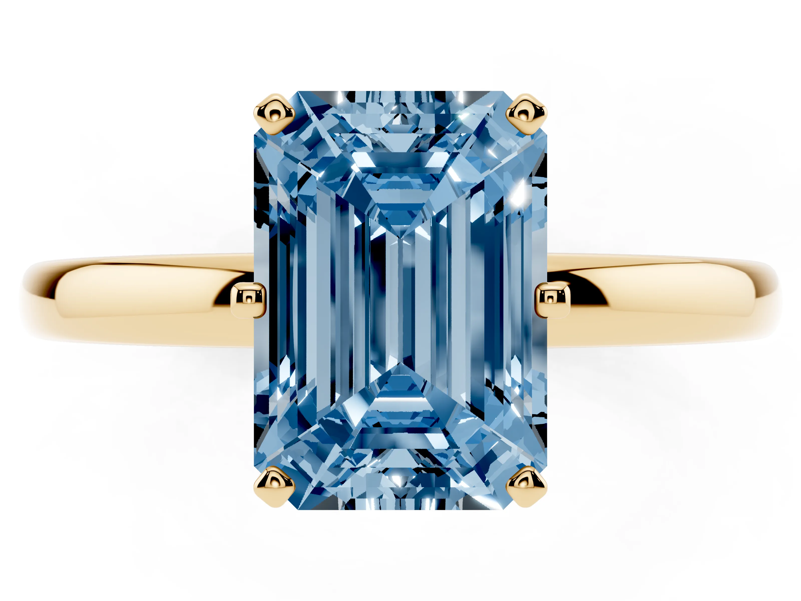 Fancy Blue Emerald Cut Diamond Solitaire Ring Set in Yellow gold with Raised Prong Setting on a Classic Band