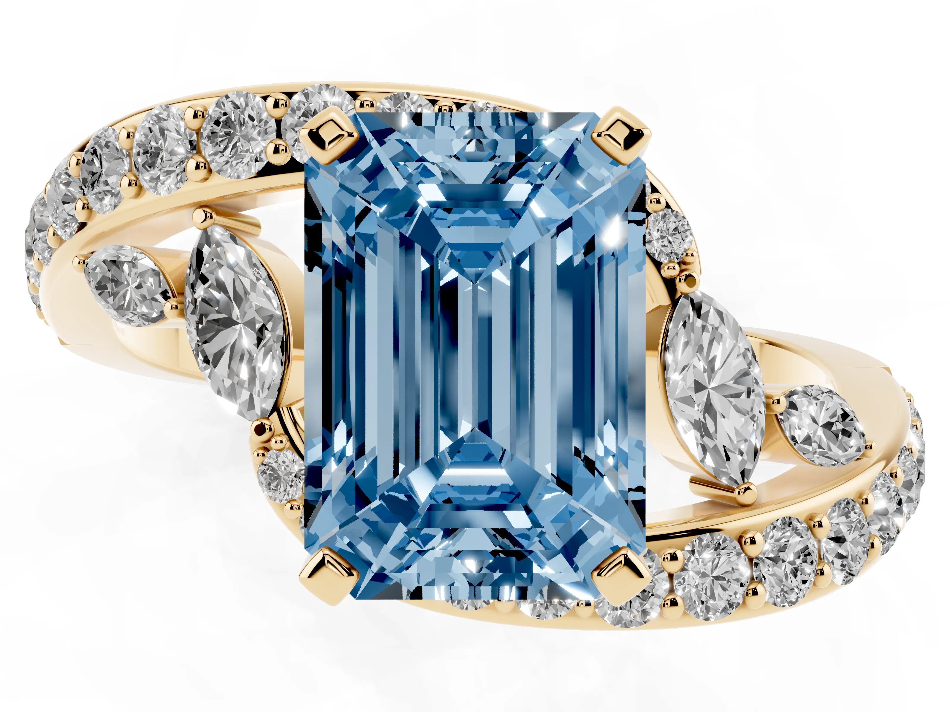 Fancy Blue Emerald Cut Diamond Solitaire Ring Set in Yellow gold with Pavé Twist Band and Secure Prong Setting