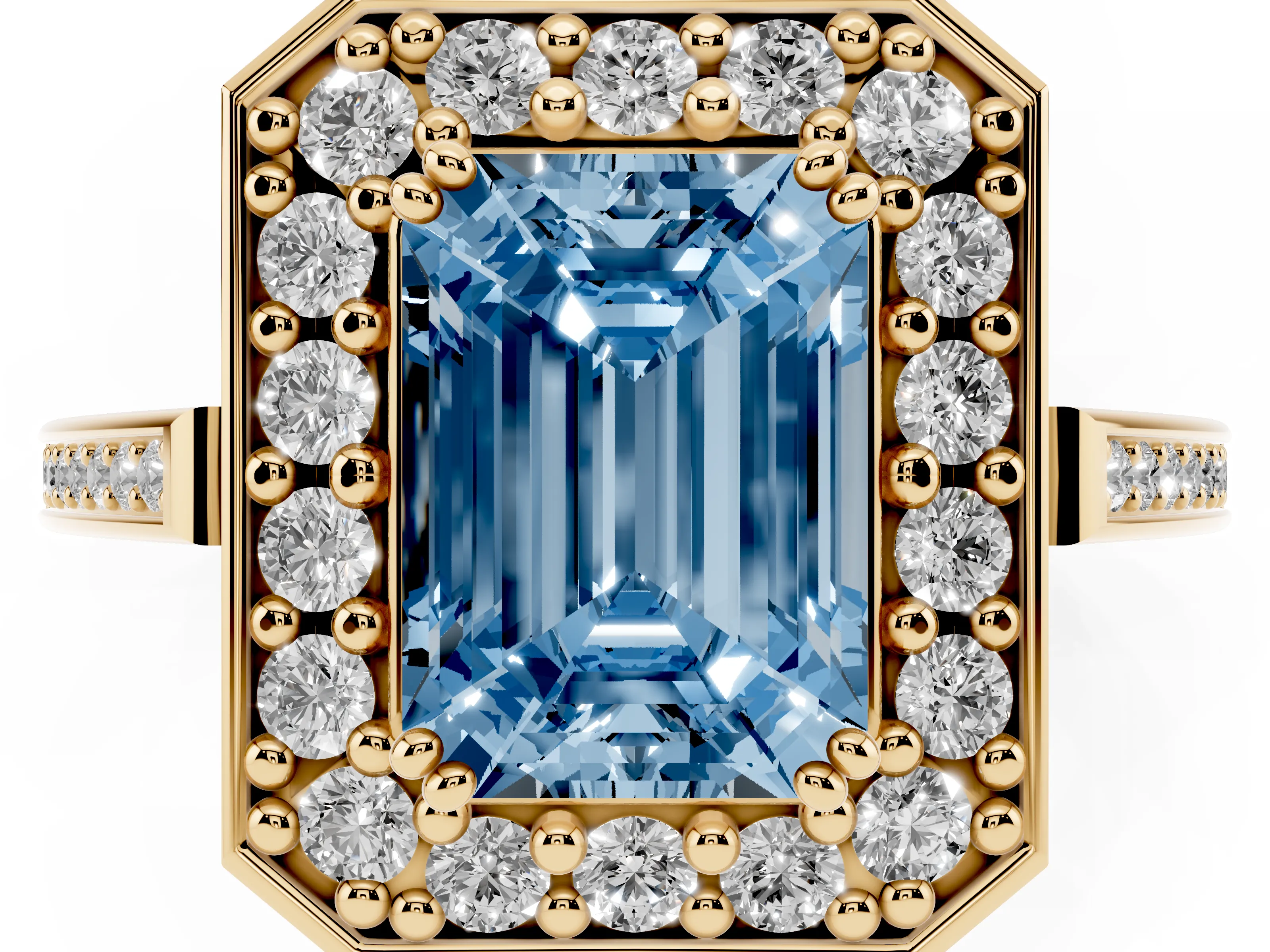 Fancy Blue Emerald Cut Diamond Halo Ring Set in Yellow gold with Accent-Lined Split Shank and Prong Setting