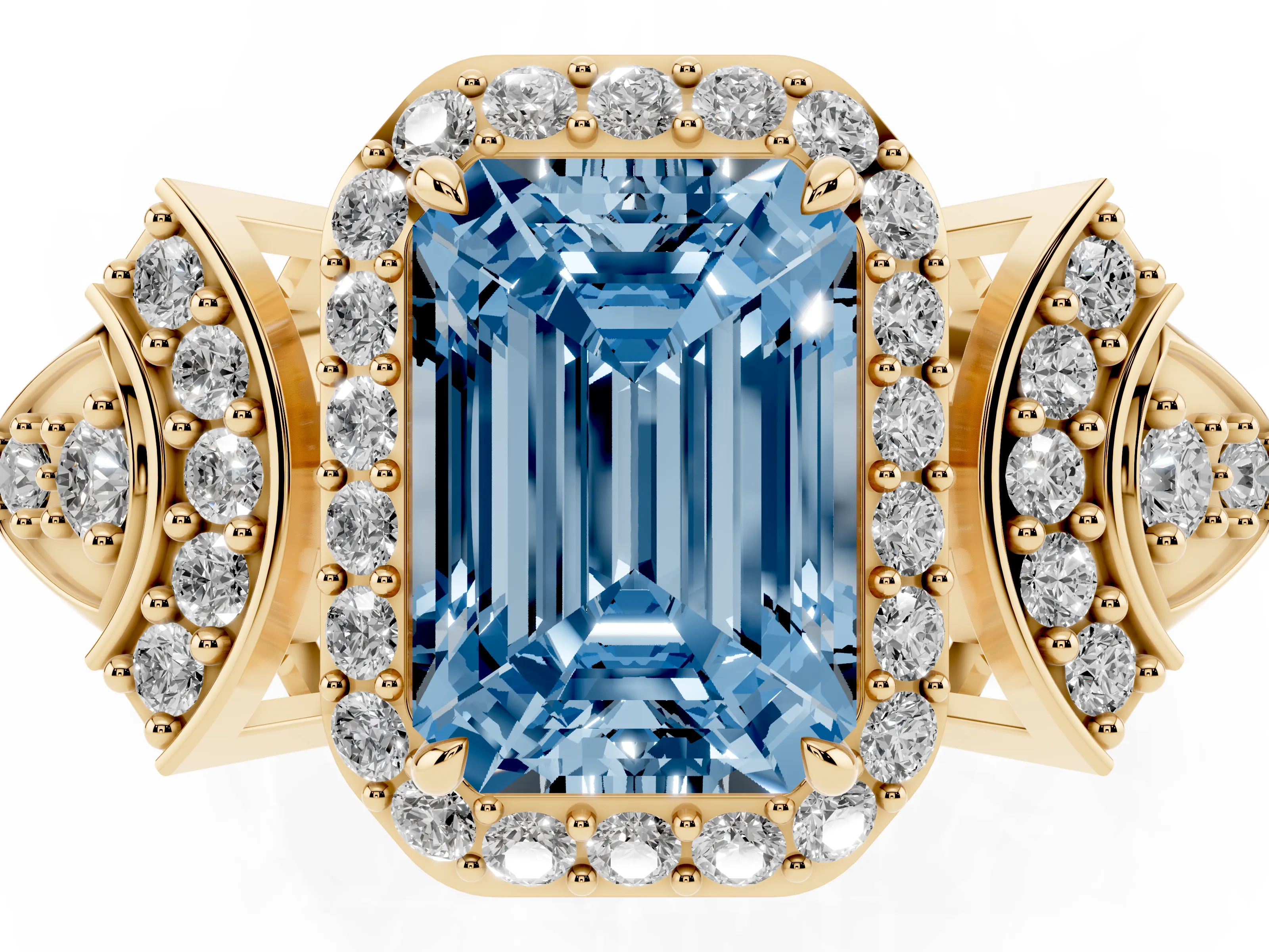 Fancy Blue Emerald Cut Diamond Halo Engagement Ring Set in Yellow gold with Accent Stone Split Shank