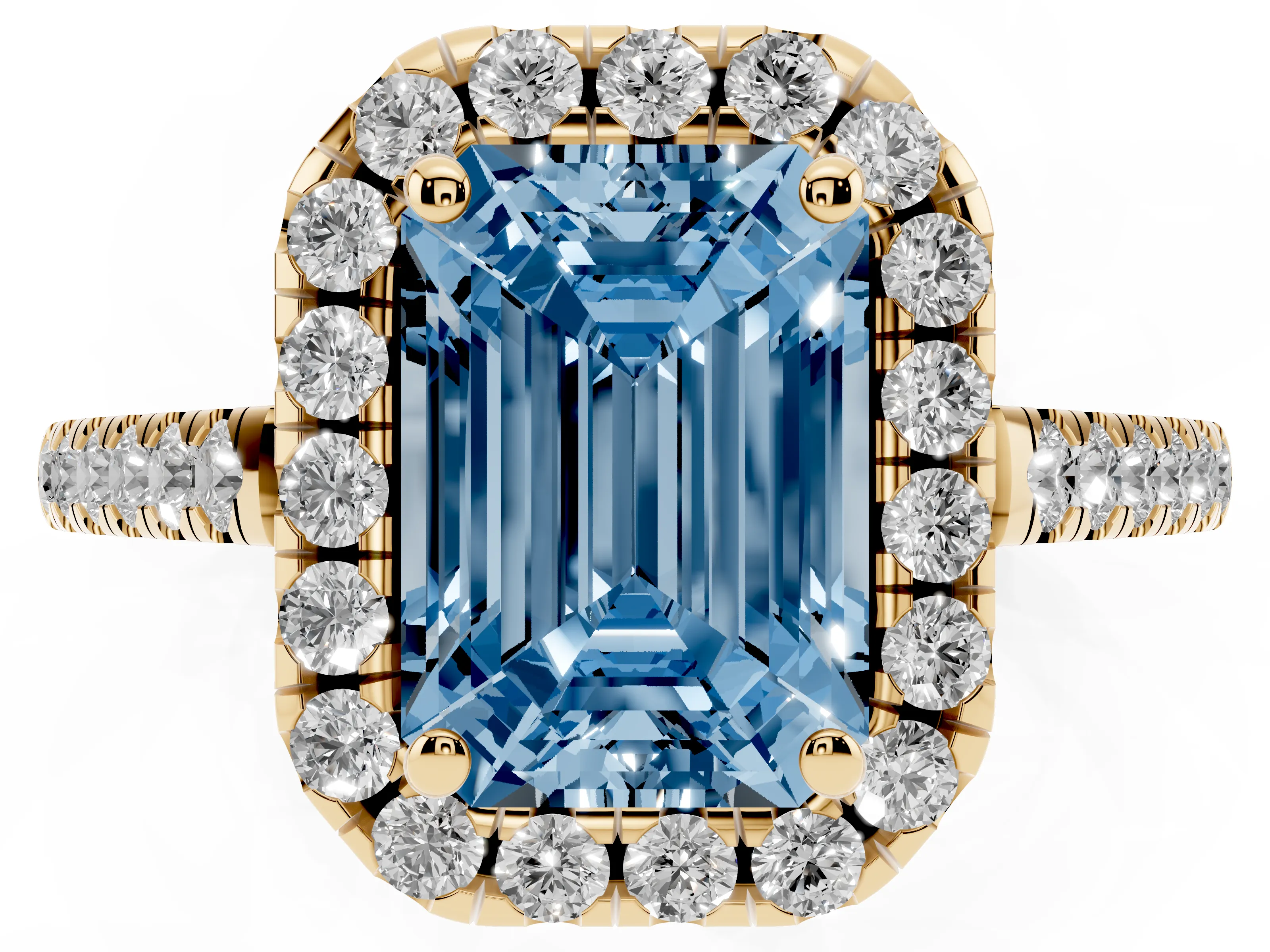 Fancy Blue Emerald Cut Diamond Pavé Halo Engagement Ring Set in Yellow gold with Pavé Band and Prong Setting