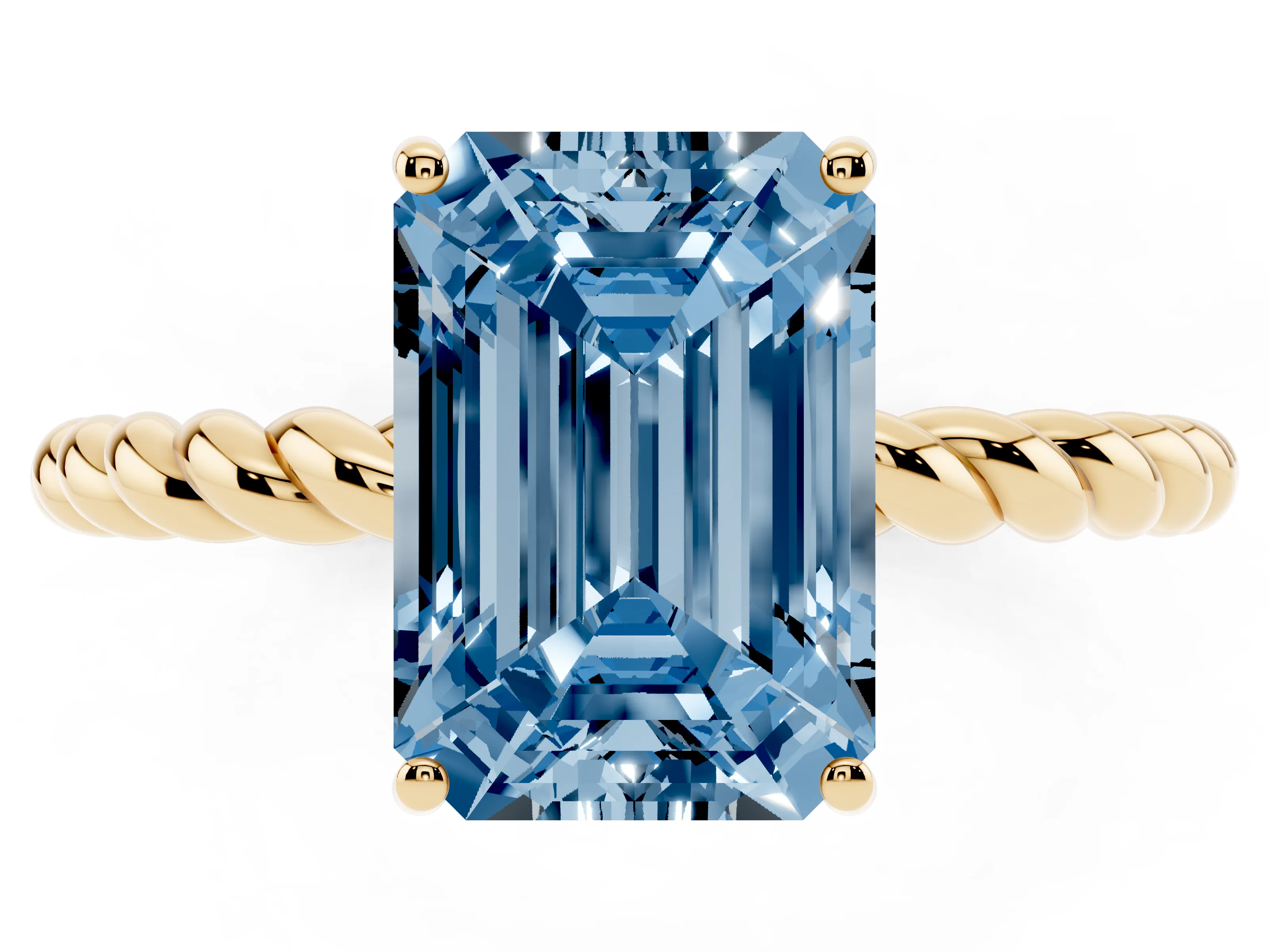Fancy Blue Emerald Cut Diamond Solitaire Ring Set in Yellow gold with Twist Band and Prong Setting