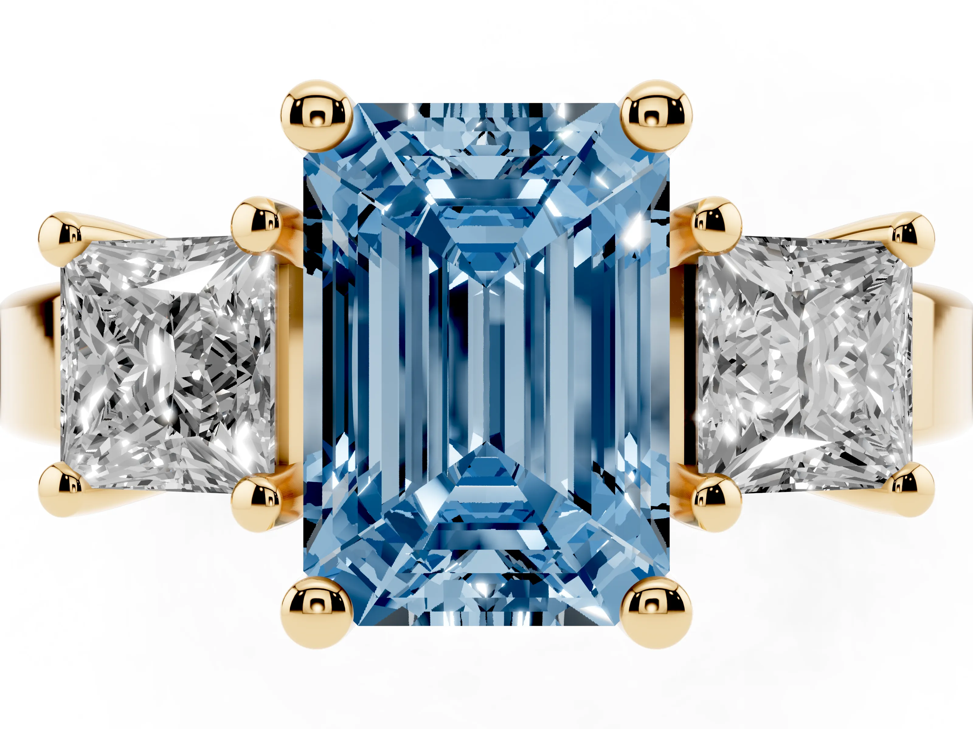 Fancy Blue Three-Stone Emerald Cut Diamond Solitaire Ring Set in Yellow gold with Prong Setting