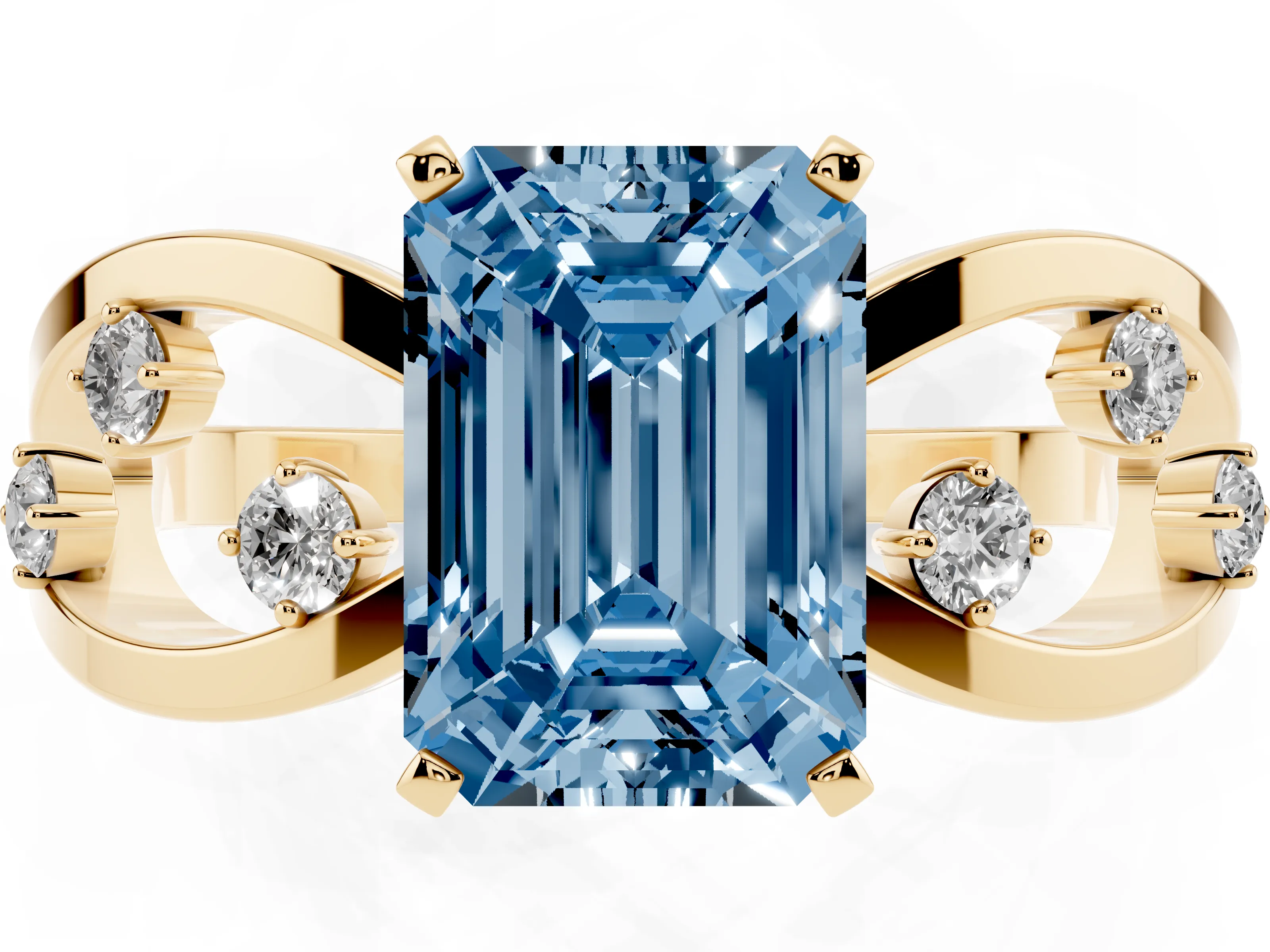 Fancy Blue Emerald Cut Diamond Solitaire Ring Set in Yellow gold with Side Stones on Criss-Cross Band and Prong Setting