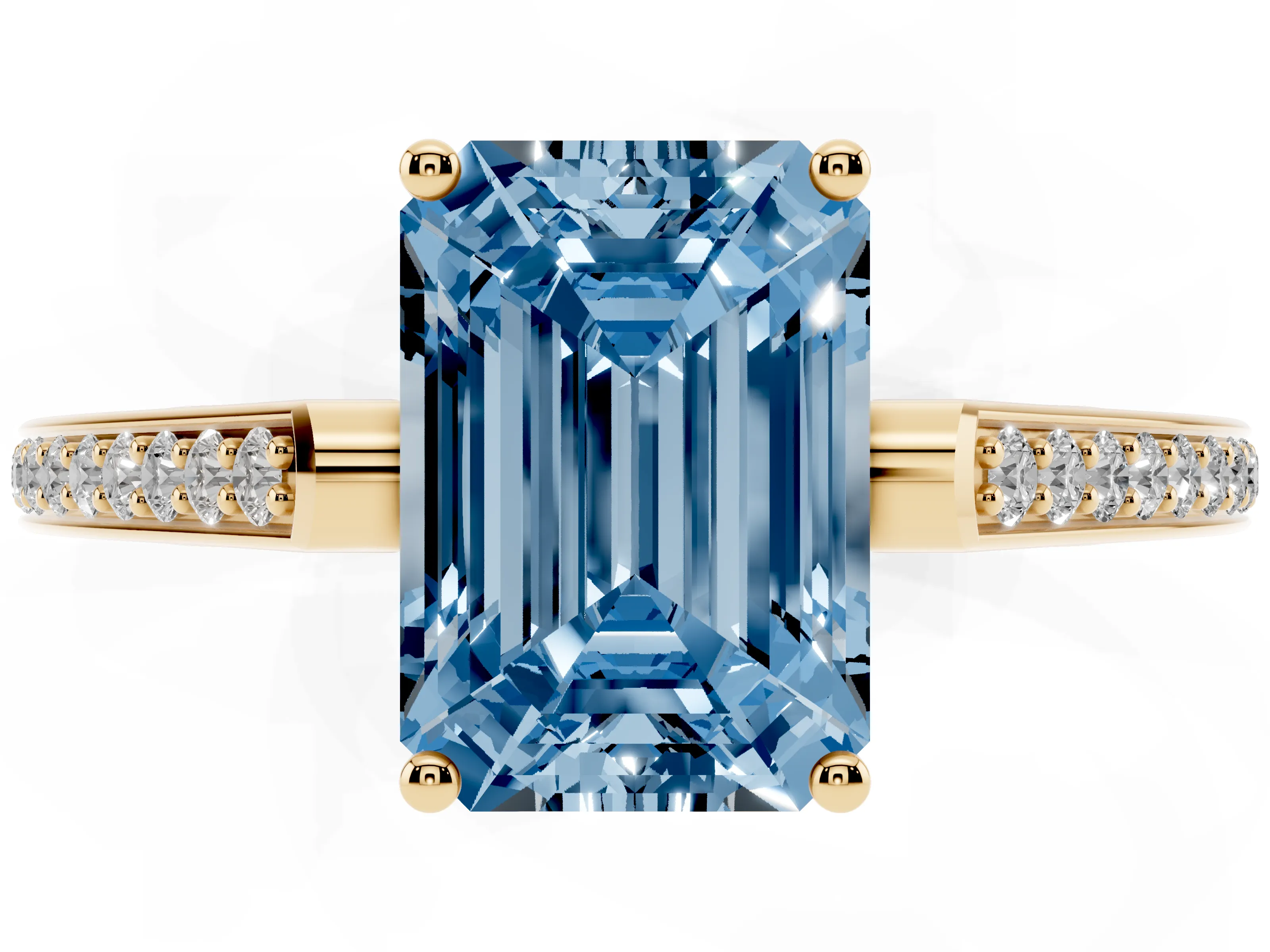 Fancy Blue Emerald Cut Diamond Cathedral Pavé Engagement Ring Set in Yellow gold with Prong Setting