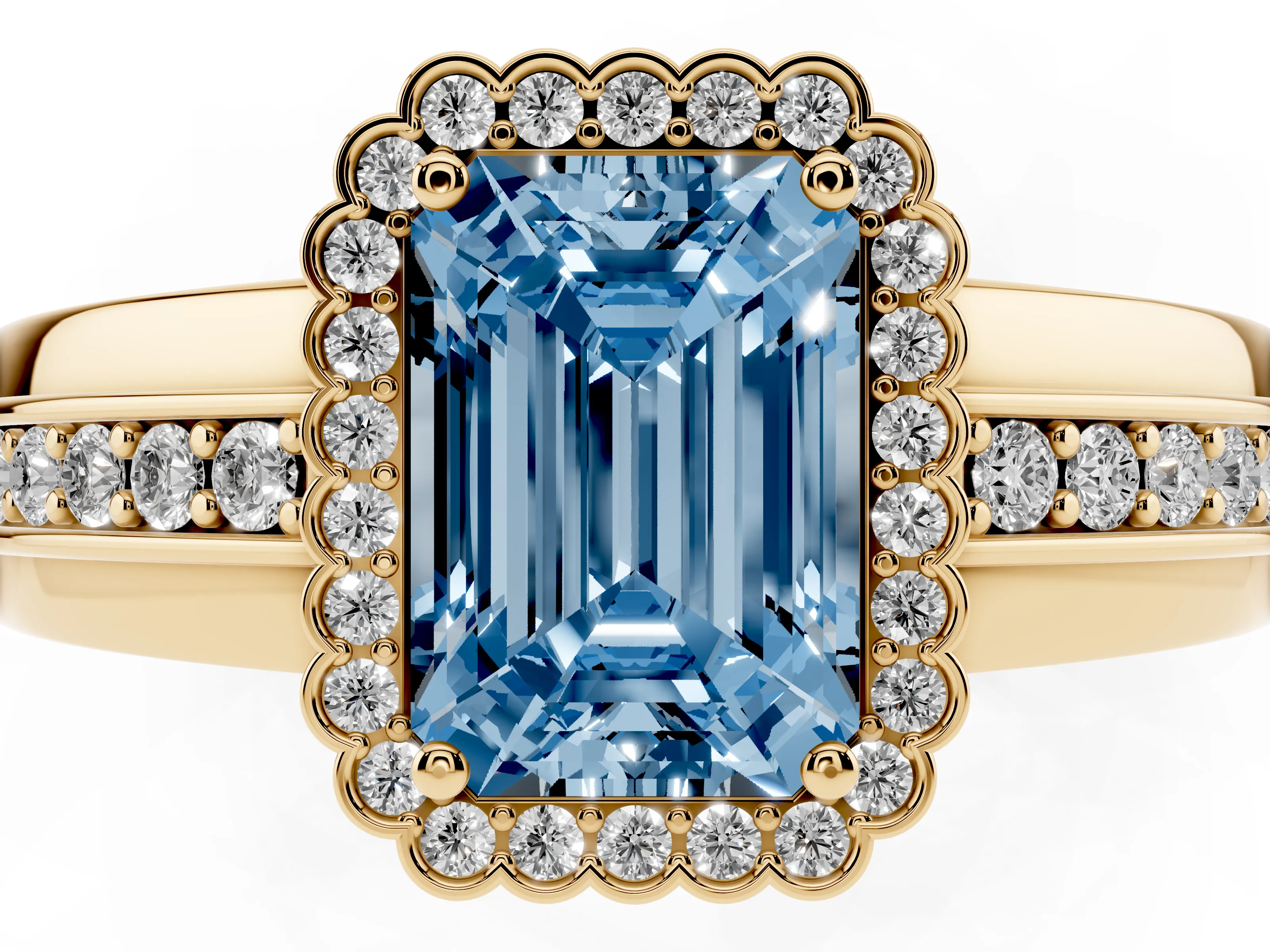 Fancy Blue Emerald Cut Diamond Halo Prong Ring Set in Yellow gold with Pavé Band