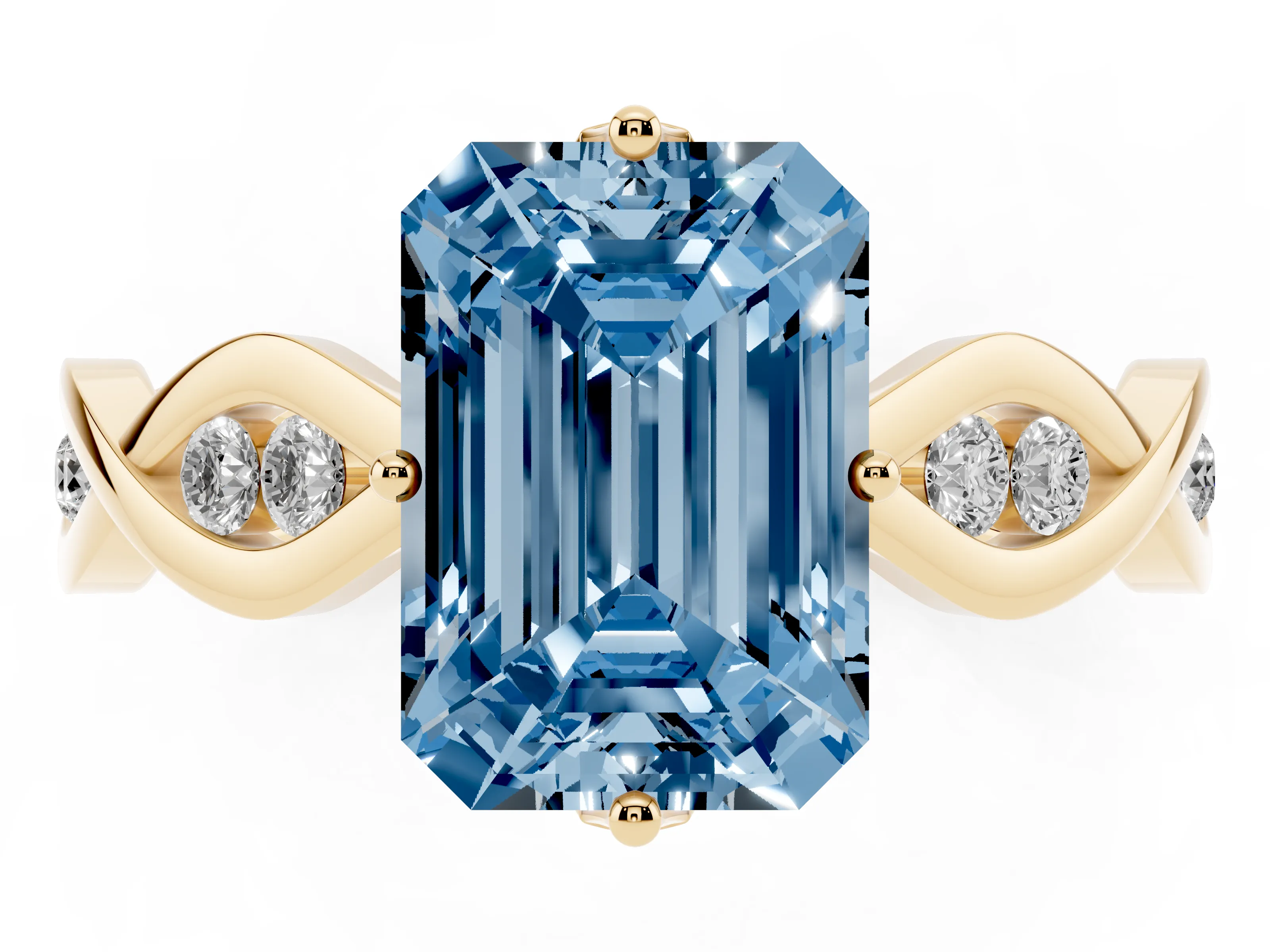 Fancy Blue Emerald Cut Diamond Twist Band Solitaire Ring Set in Yellow gold with Leaf Prong Setting and Accent Stones
