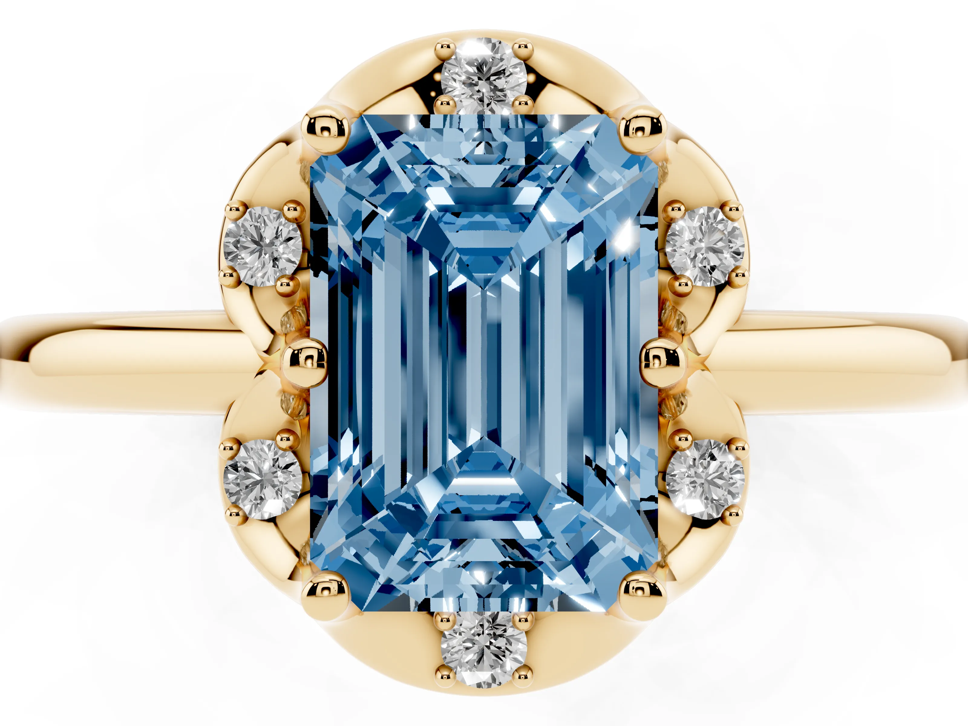 Fancy Blue Emerald Cut Diamond Round Cluster Halo Ring Set in Yellow gold with Solitaire Band and Prong Setting