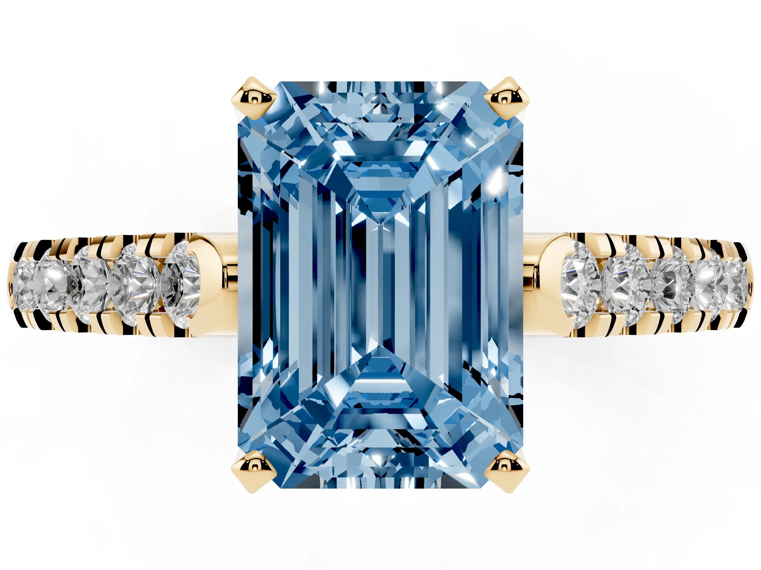 Fancy Blue Emerald Cut Diamond Pavé Band Solitaire Ring Set in Yellow gold with Partway Accent Stones and Prong Setting