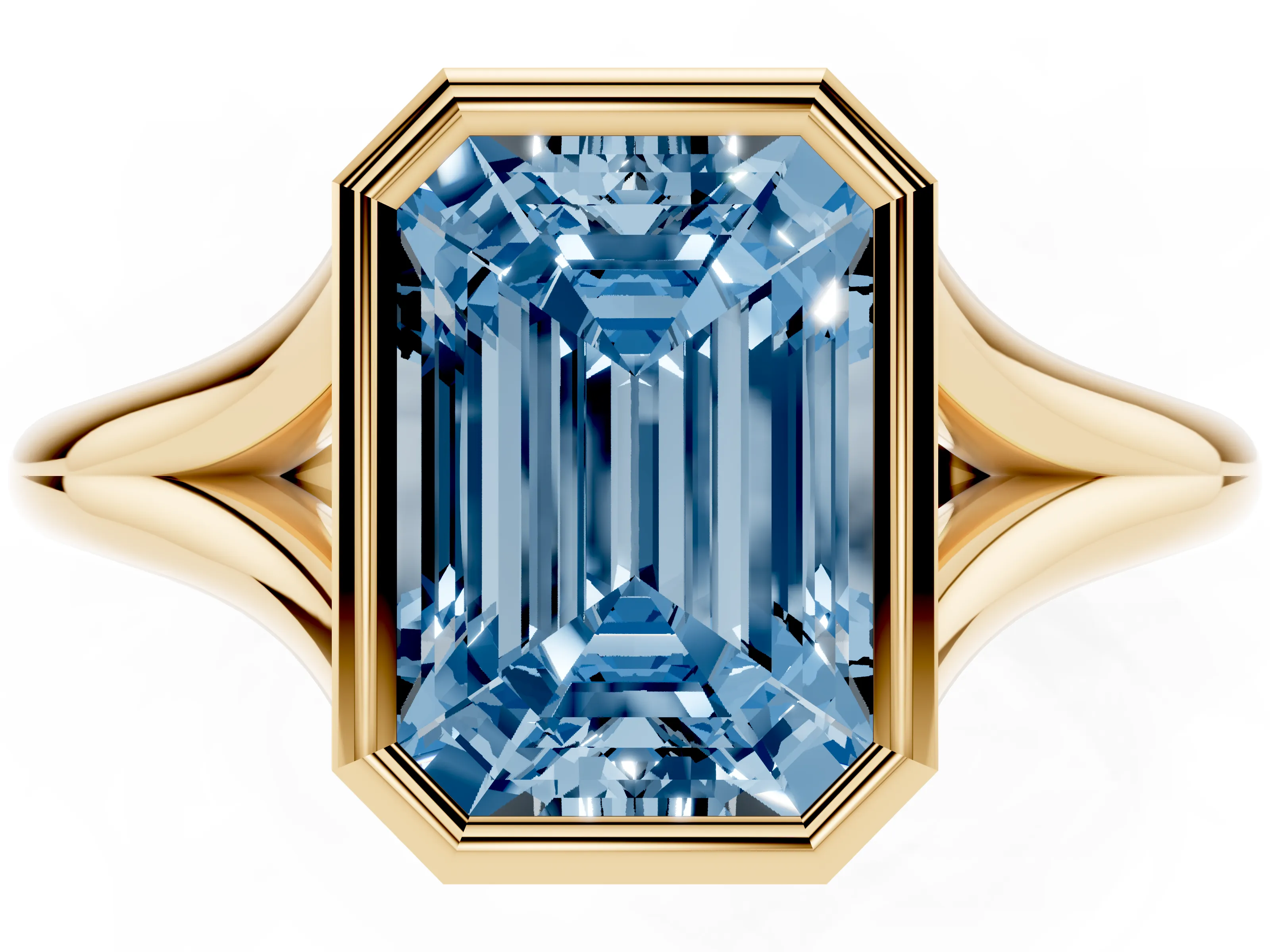 Fancy Blue Bezel Set Emerald Cut Diamond Solitaire Ring Set in Yellow gold with Tapered Band