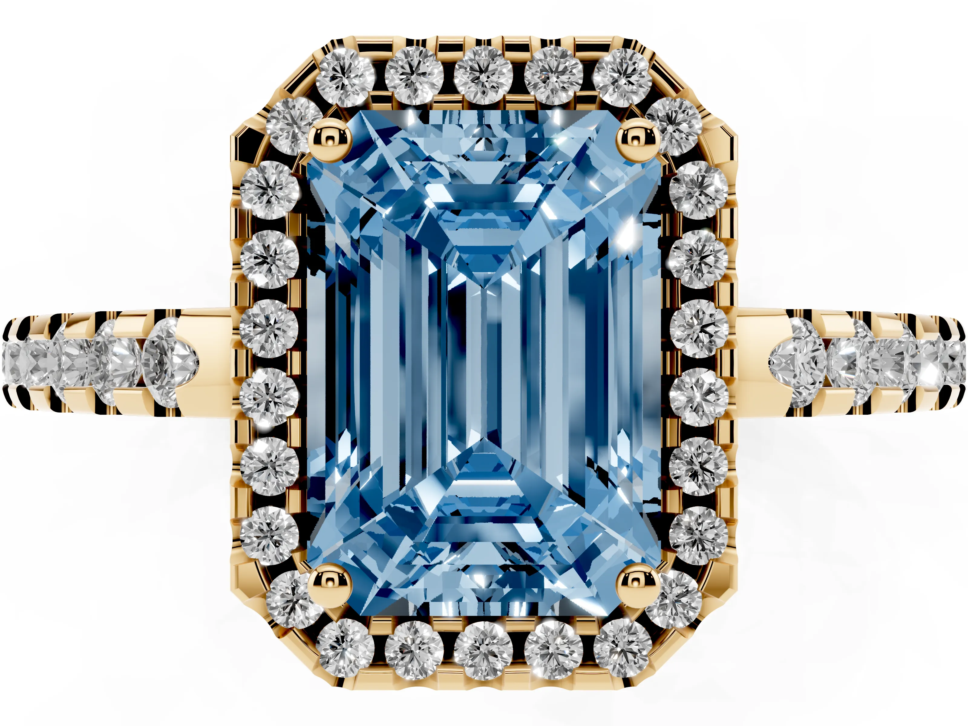 Fancy Blue Emerald Cut Diamond Halo Ring Set in Yellow gold with Pavé Shoulders and Halo-Framed Center