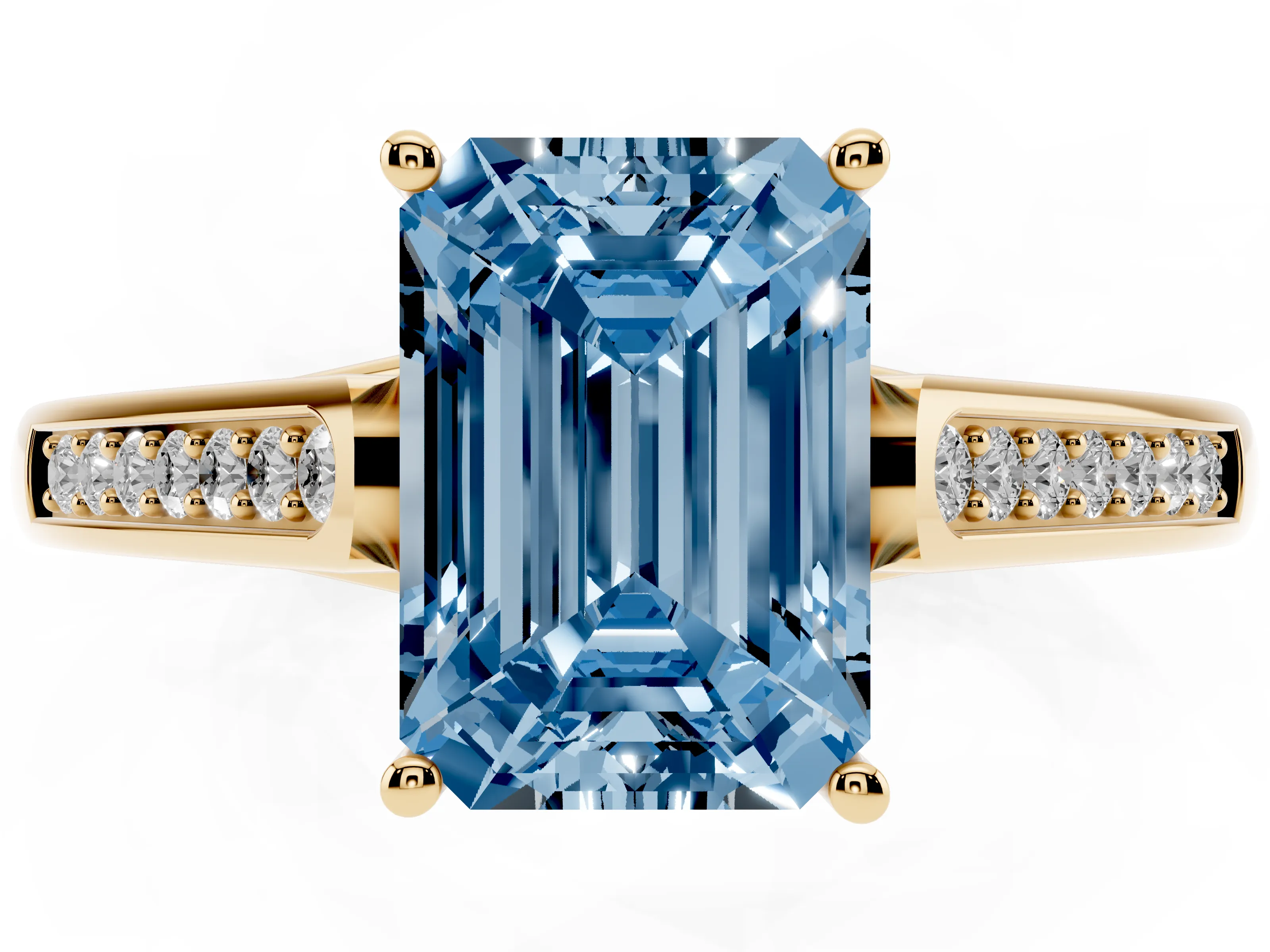 Fancy Blue Emerald Cut Diamond Solitaire Cathedral Engagement Ring Set in Yellow gold with Channel-Set Band and Prong Setting