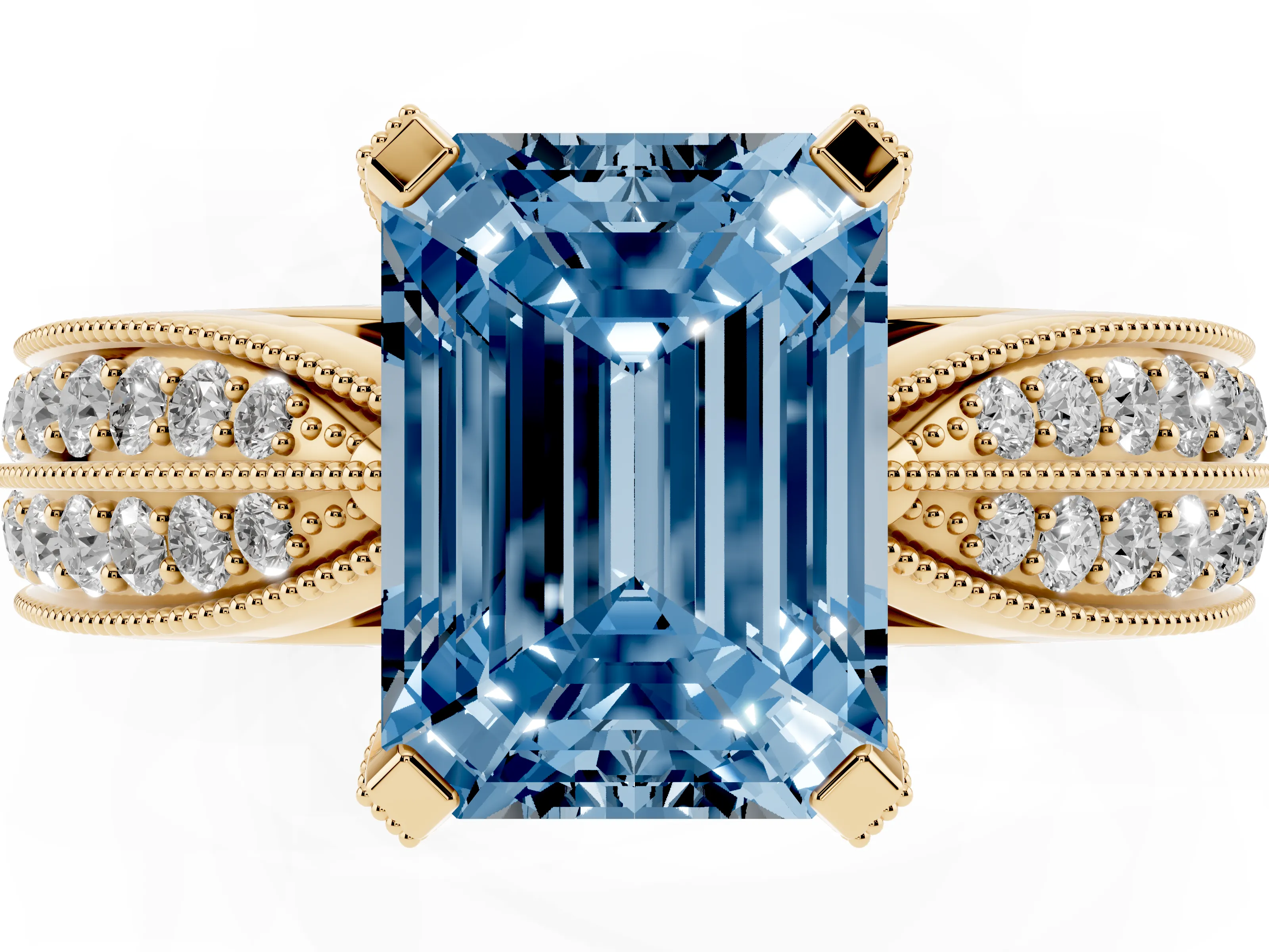 Fancy Blue Emerald Cut Diamond Solitaire Ring Set in Yellow gold with Milgrain Double Row Round Pavé Band