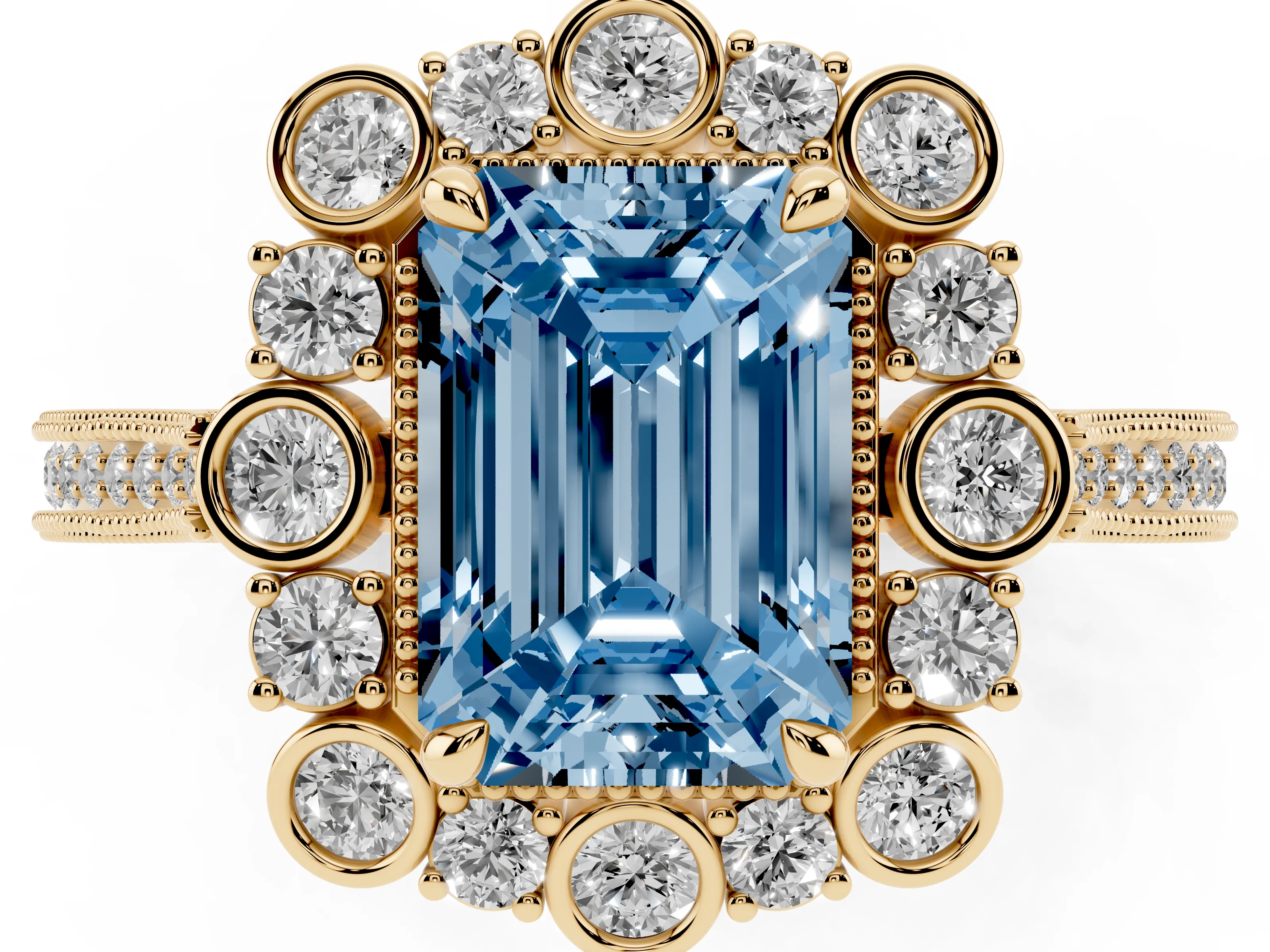 Fancy Blue Emerald Cut Diamond Halo Milgrain Pavé Ring Set in Yellow gold with Prong Setting