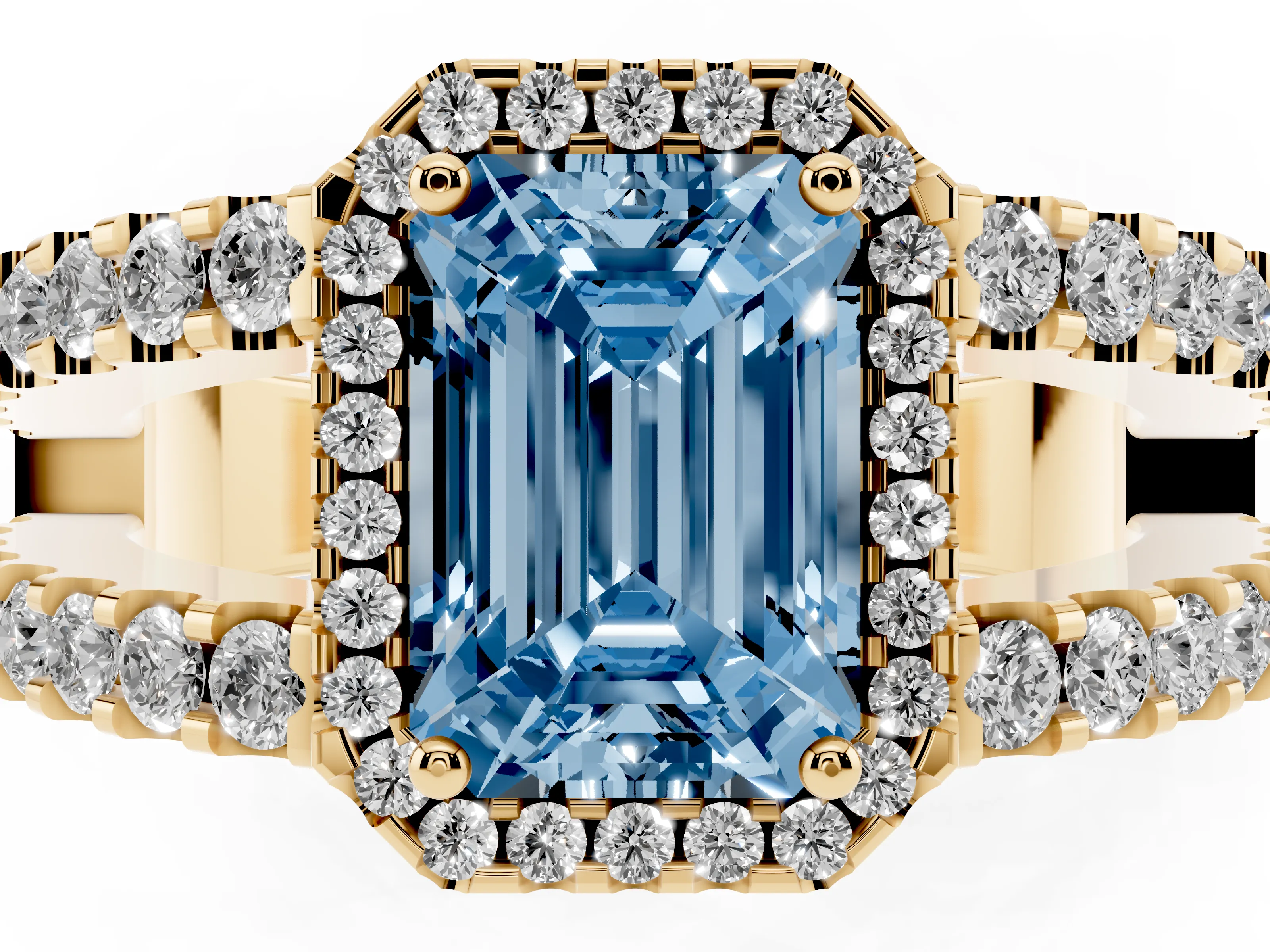 Fancy Blue Emerald Cut Diamond Halo Ring Set in Yellow gold with Pavé Split Shank and Prong Setting