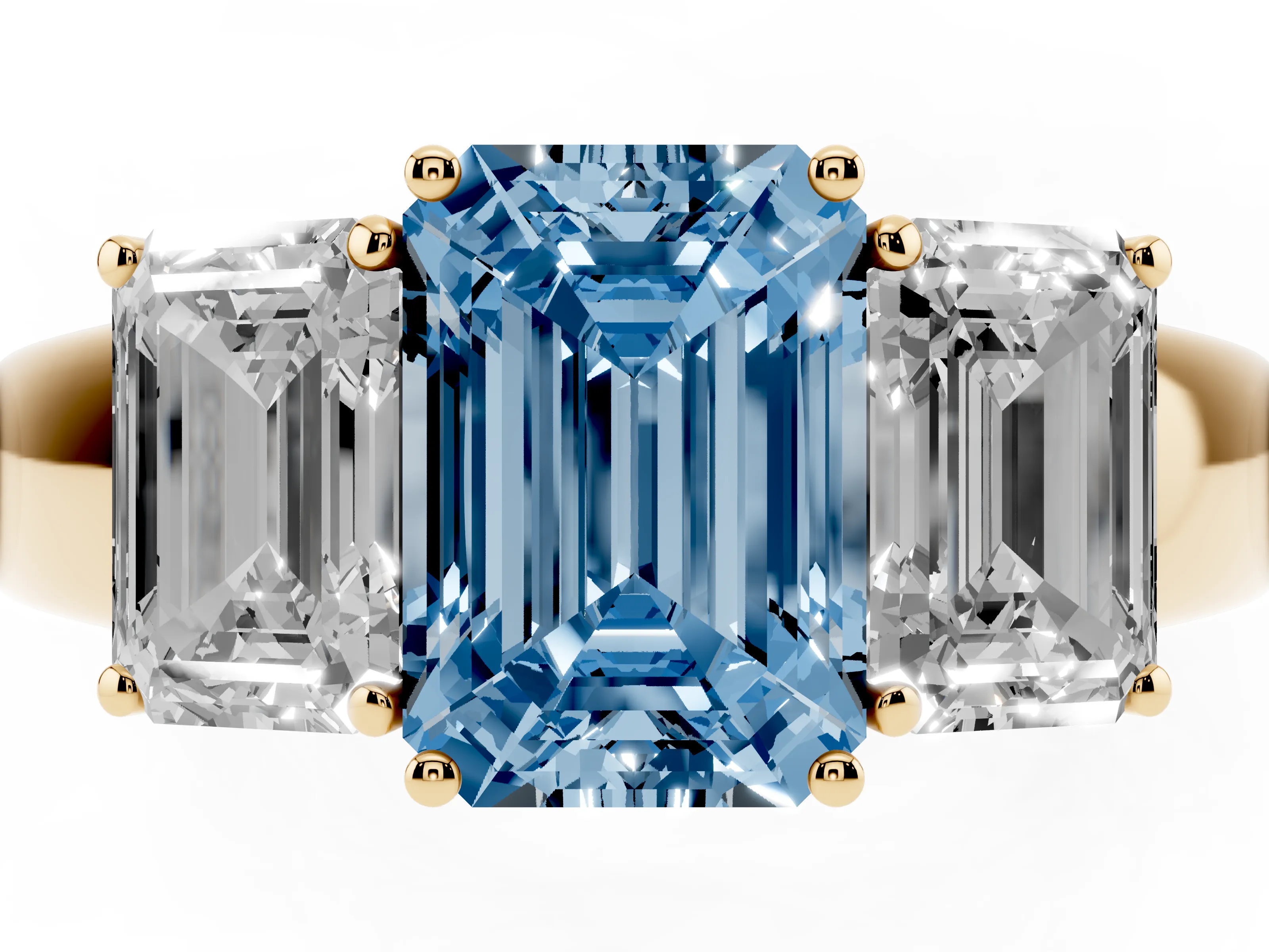 Fancy Blue Three-Stone Emerald Cut Diamond Ring Set in Yellow gold with Matching Prong Settings and Plain Band