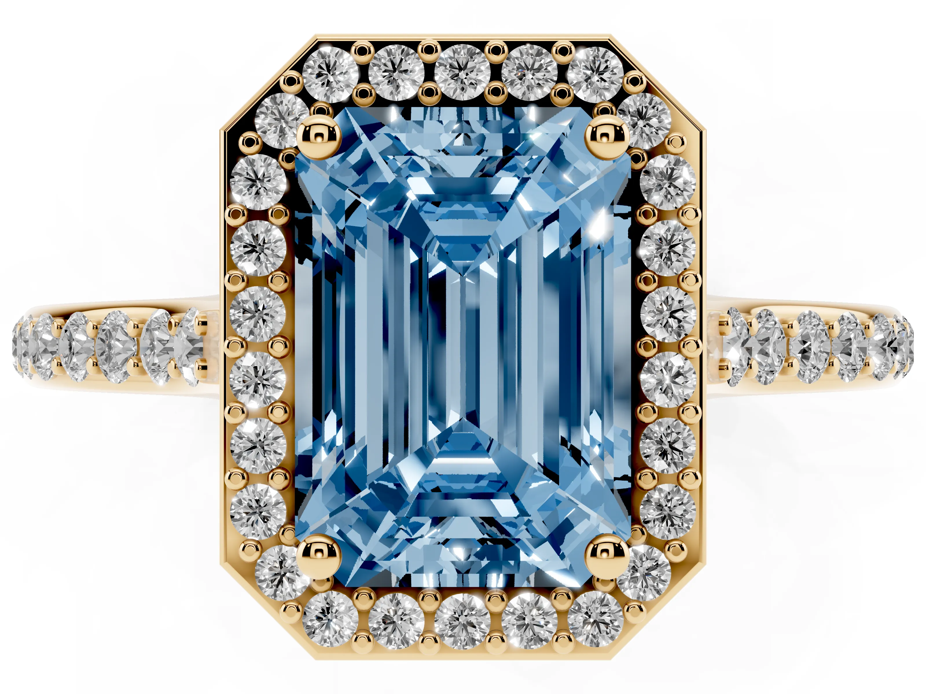 Fancy Blue Emerald Cut Diamond Halo Engagement Ring Set in Yellow gold with Round Pavé Shoulders and Heart Gallery